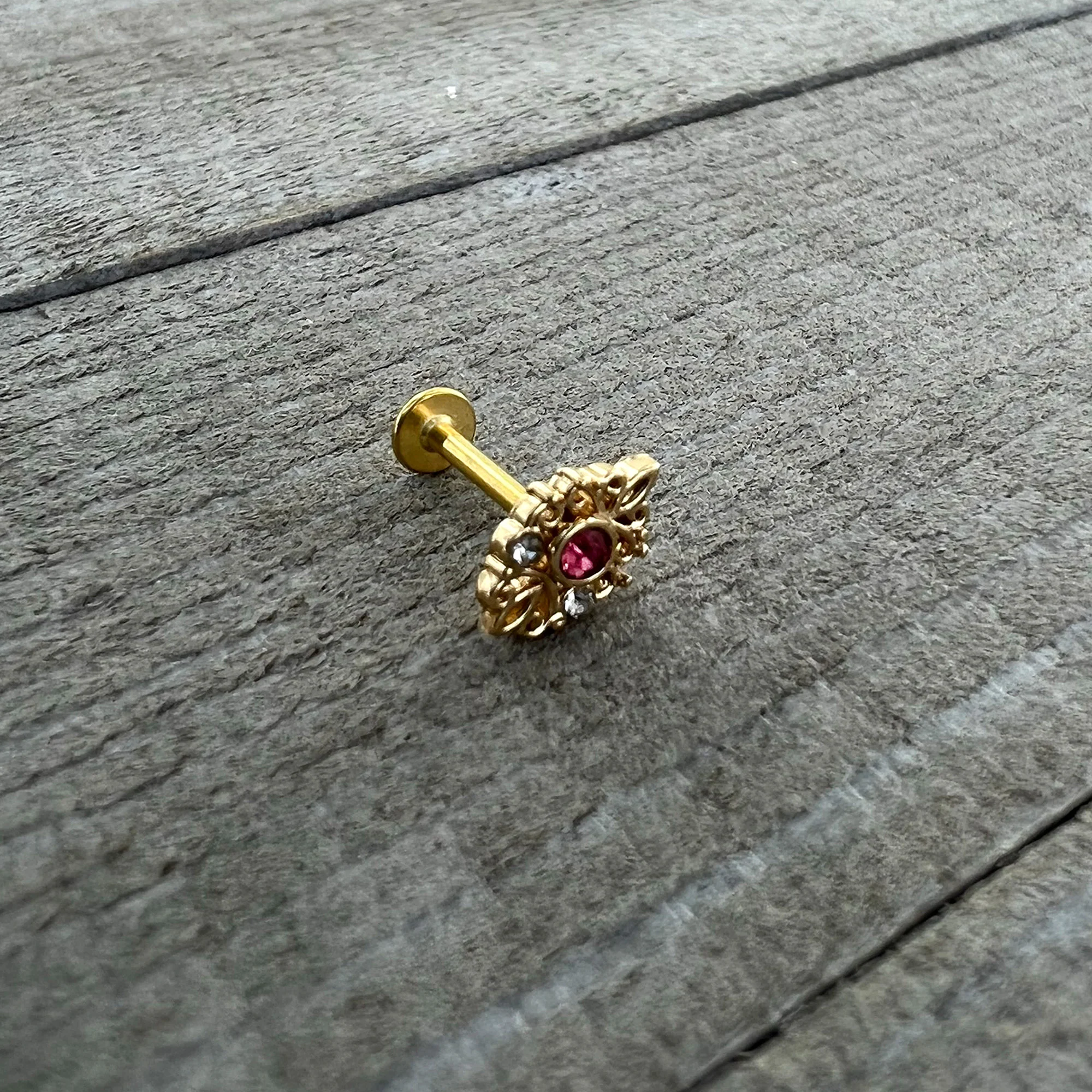 16G 5/16 Pink Clear Gem Gold Tone Lace Love Labret Monroe Tragus - Image 6