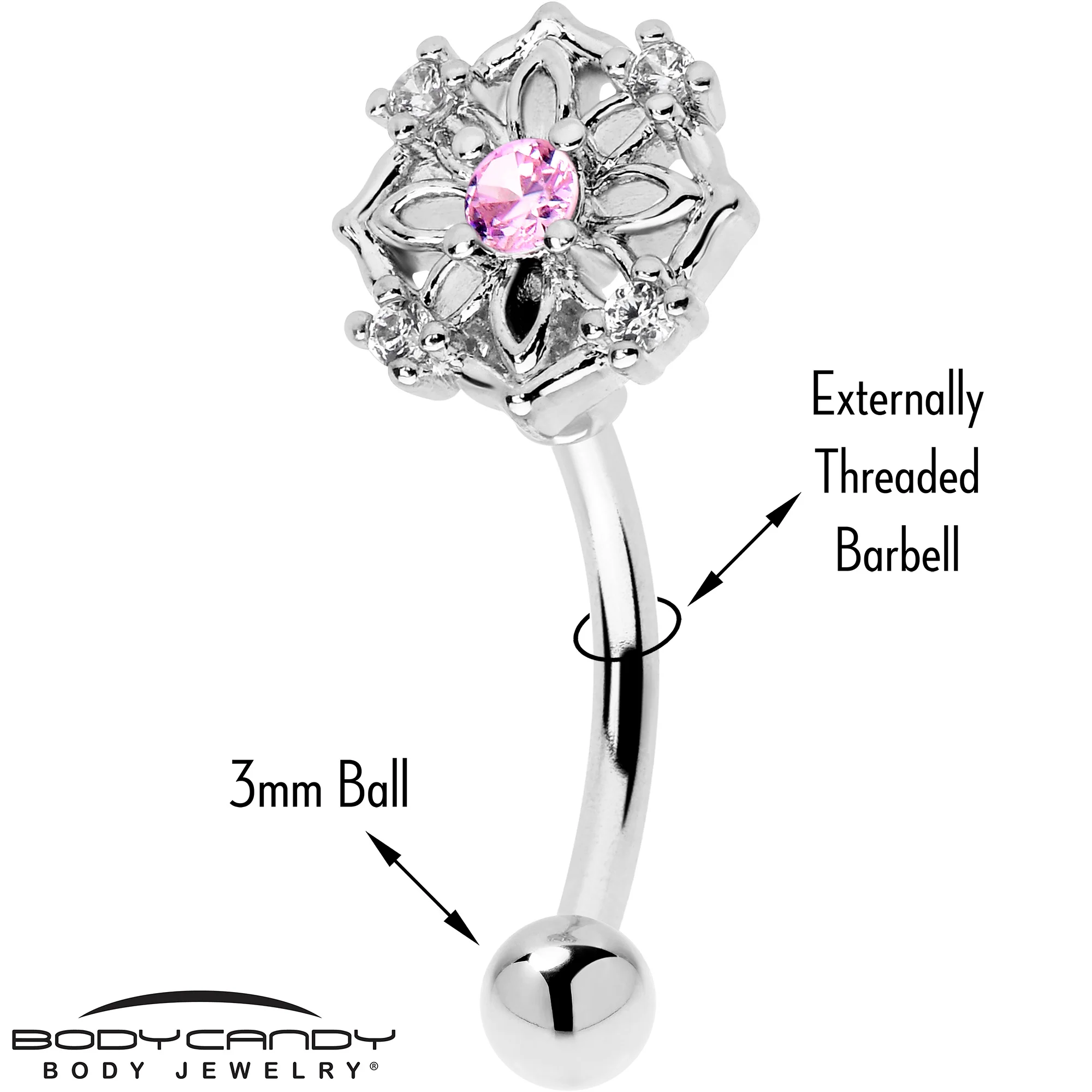16G 5/16 Pink CZ Gem Flower Circle Curved Eyebrow Ring - Image 2