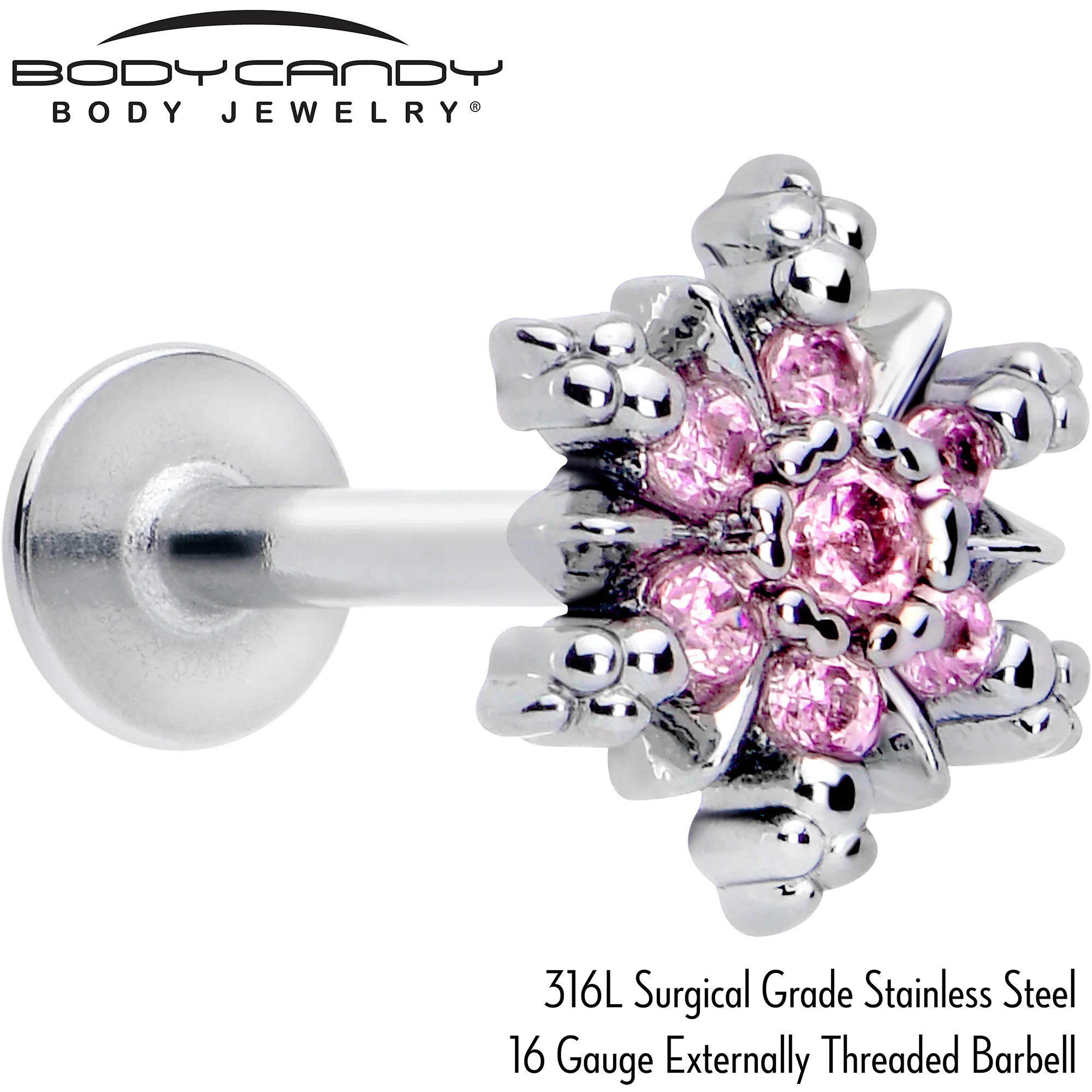 16G 5/16 Pink CZ Gem Glam Snowflake Labret Monroe Tragus - Image 2