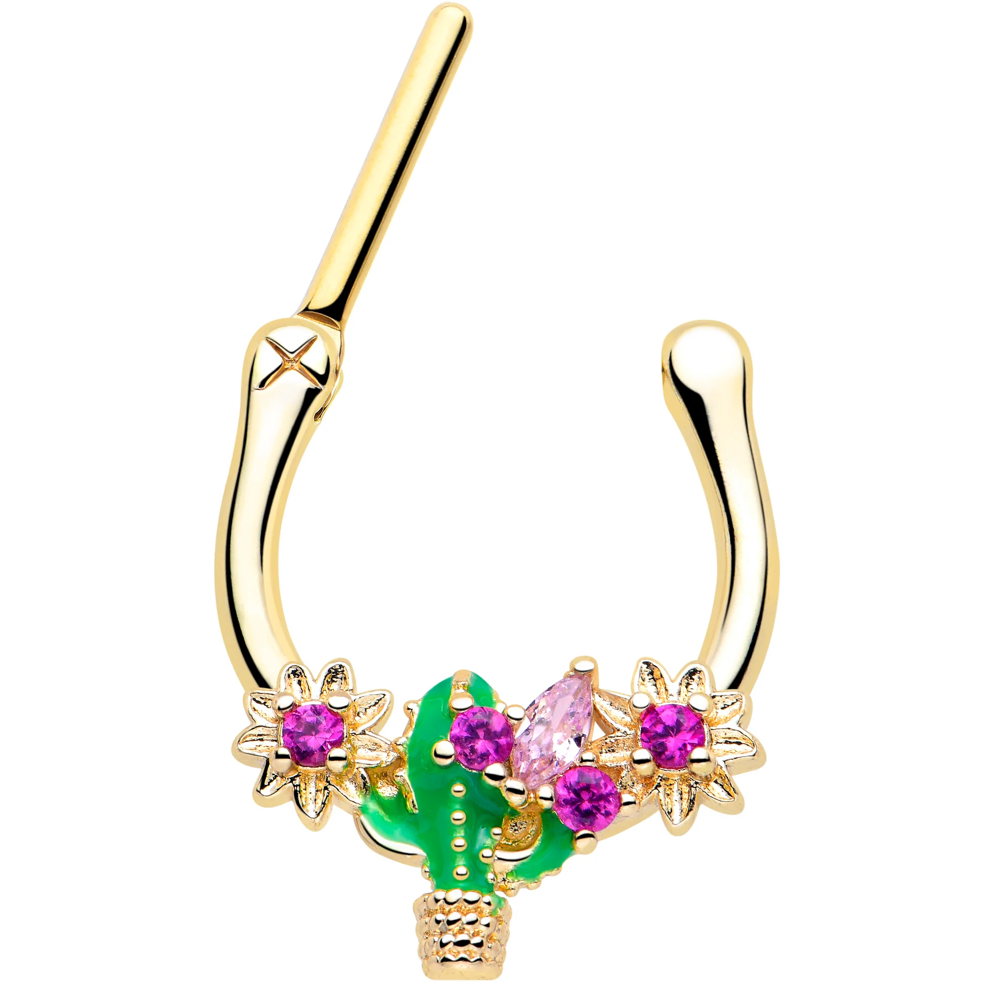 16G 5/16 Pink CZ Gem Gold Tone Floral Cactus Cartilage Clicker - Image 2
