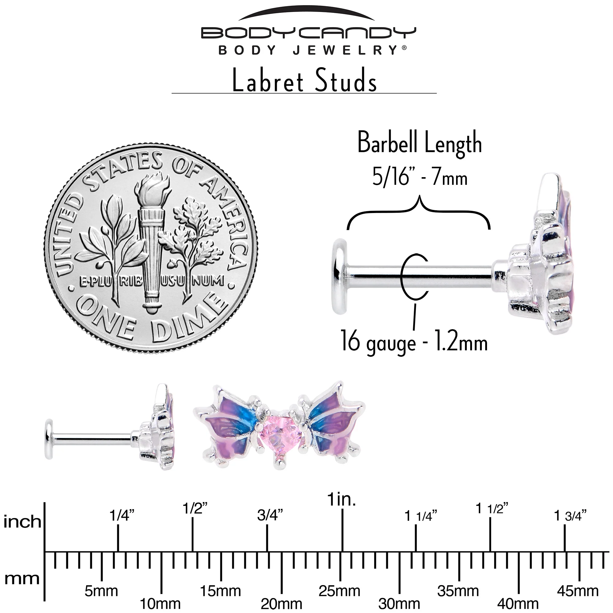 16G 5/16 Pink CZ Gem Heart Butterfly Labret Monroe Tragus - Image 5