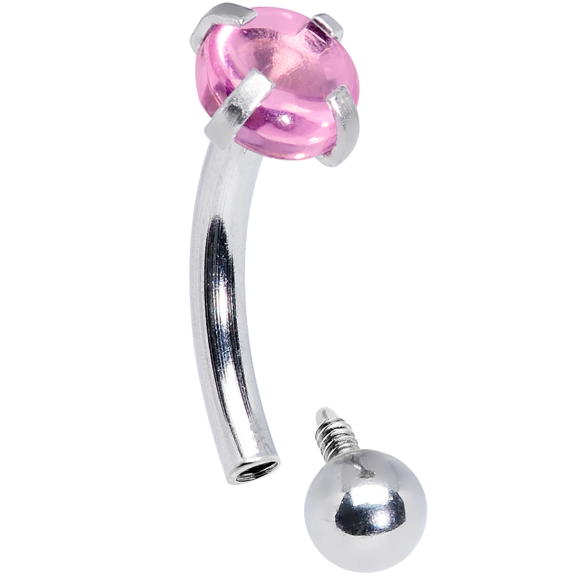 16G 5/16 Pink CZ Gem Internally Threaded Curved Eyebrow Ring - Image 2