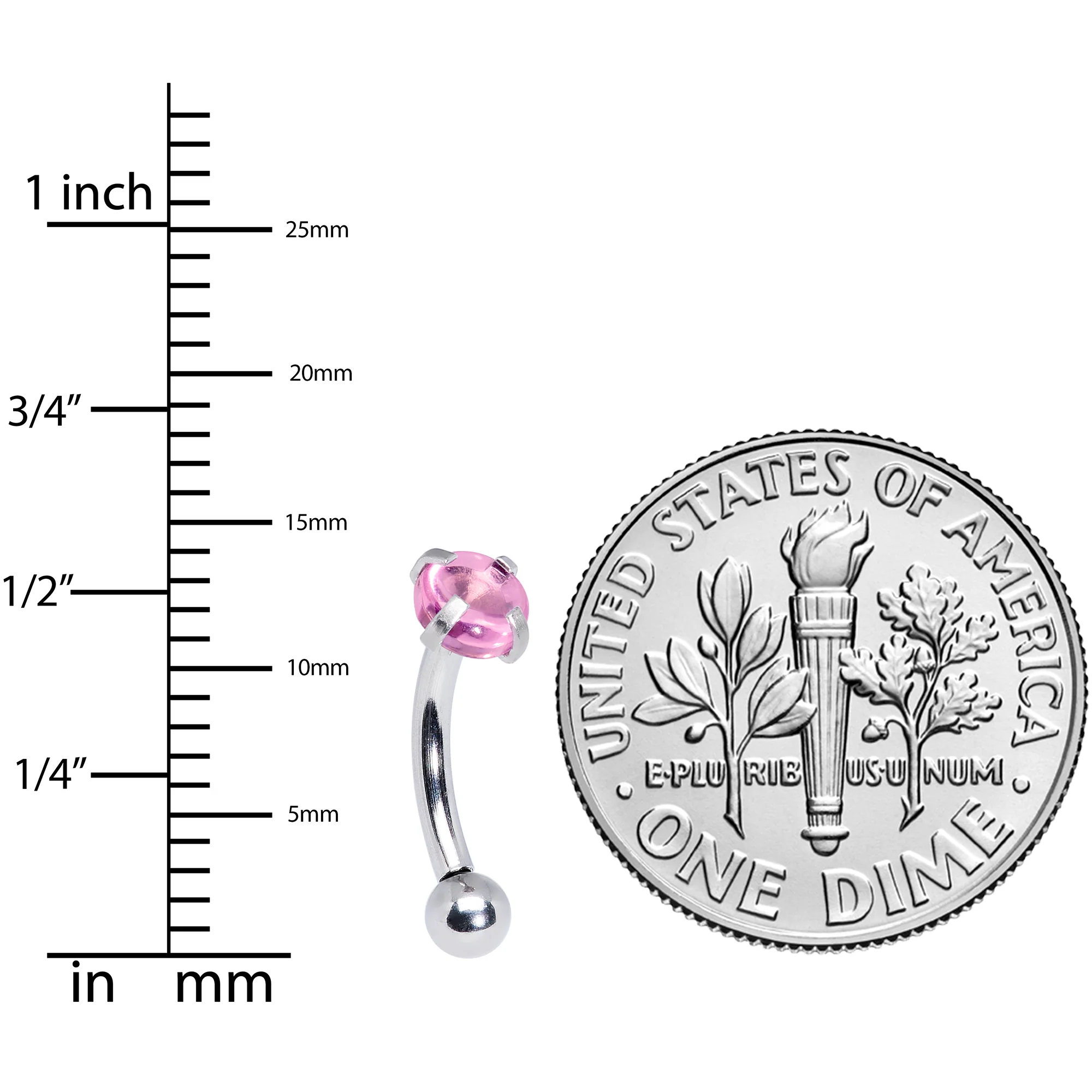 16G 5/16 Pink CZ Gem Internally Threaded Curved Eyebrow Ring - Image 3