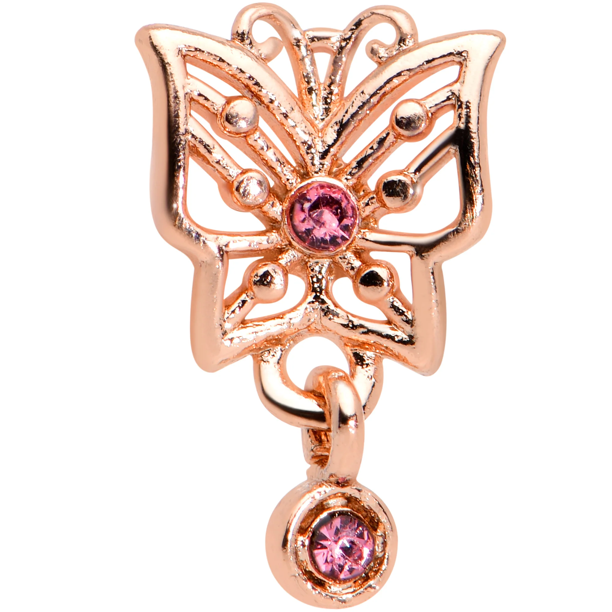 16G 5/16 Pink CZ Gem Rose Gold Hue Butterfly Labret Monroe Tragus - Image 2