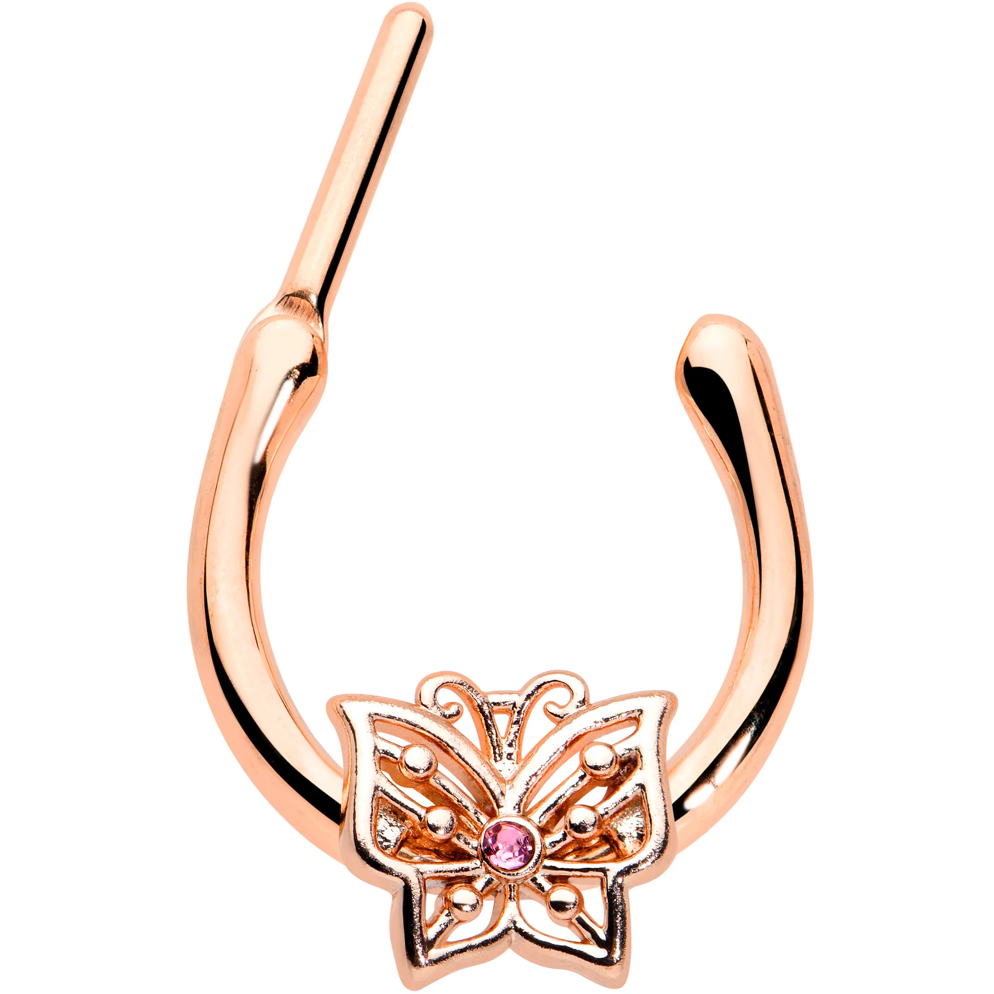 16G 5/16 Pink CZ Gem Rose Gold Tone Butterfly Cartilage Clicker - Image 2