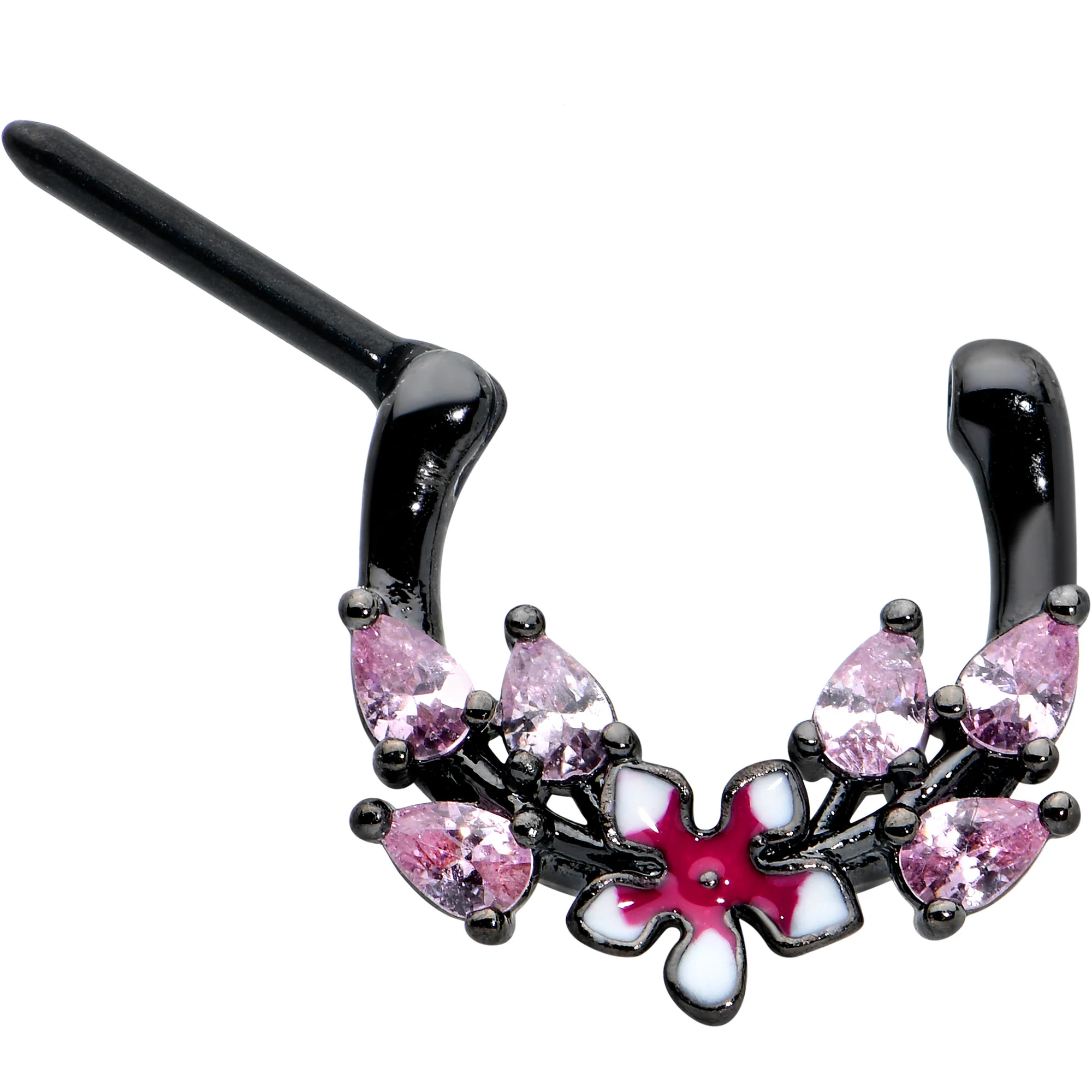 16G 5/16 Pink Gem Black Fanciful Flower Cartilage Clicker - Image 2