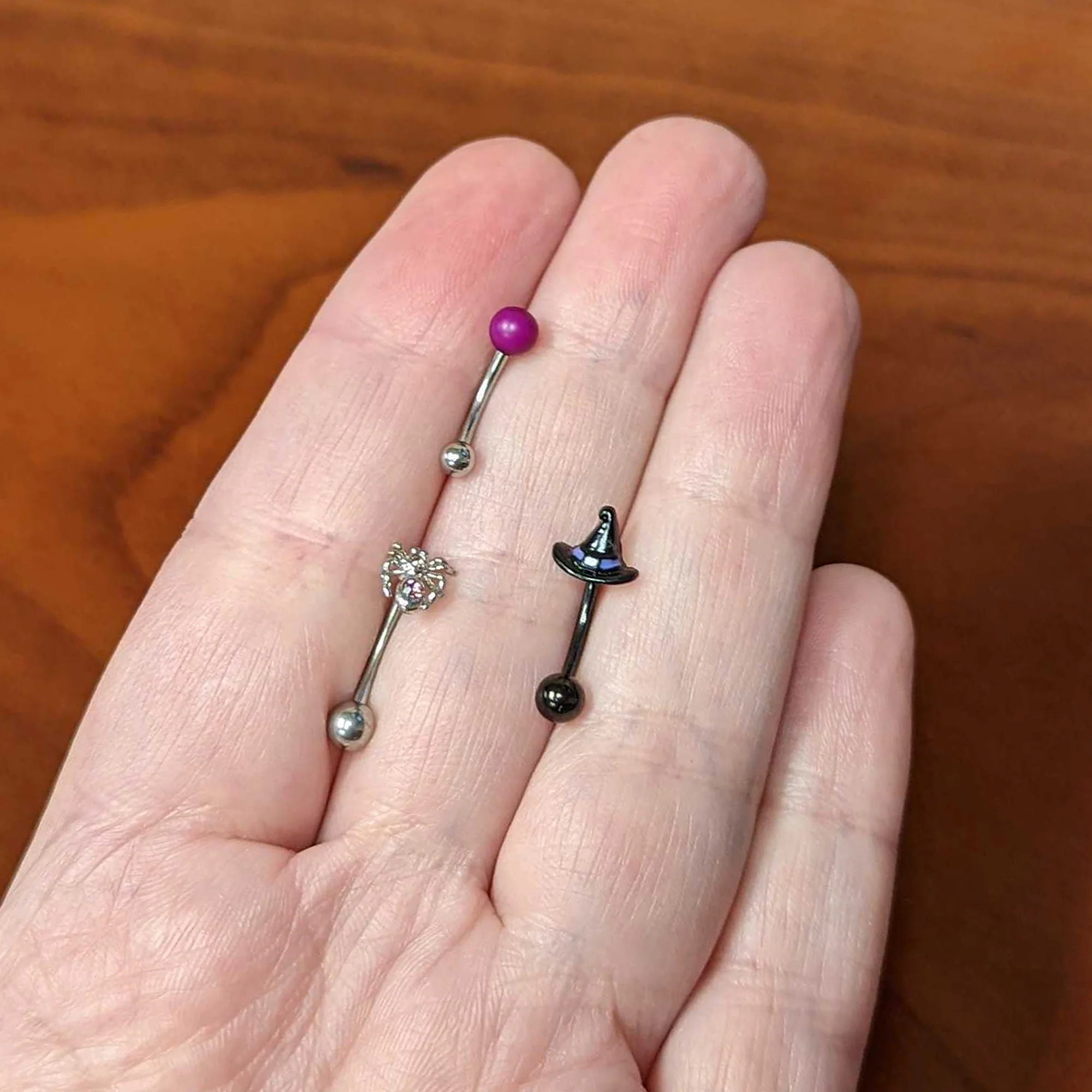 16G 5/16 Pink Gem Black Spider Witch Curved Eyebrow Ring Set of 3 - Image 6