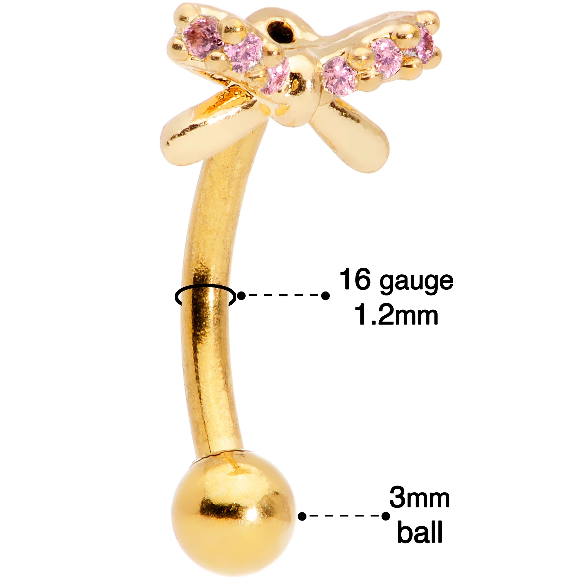 16G 5/16 Pink Gem Gold Tone Ribbon Bow Curved Eyebrow Ring - Image 3