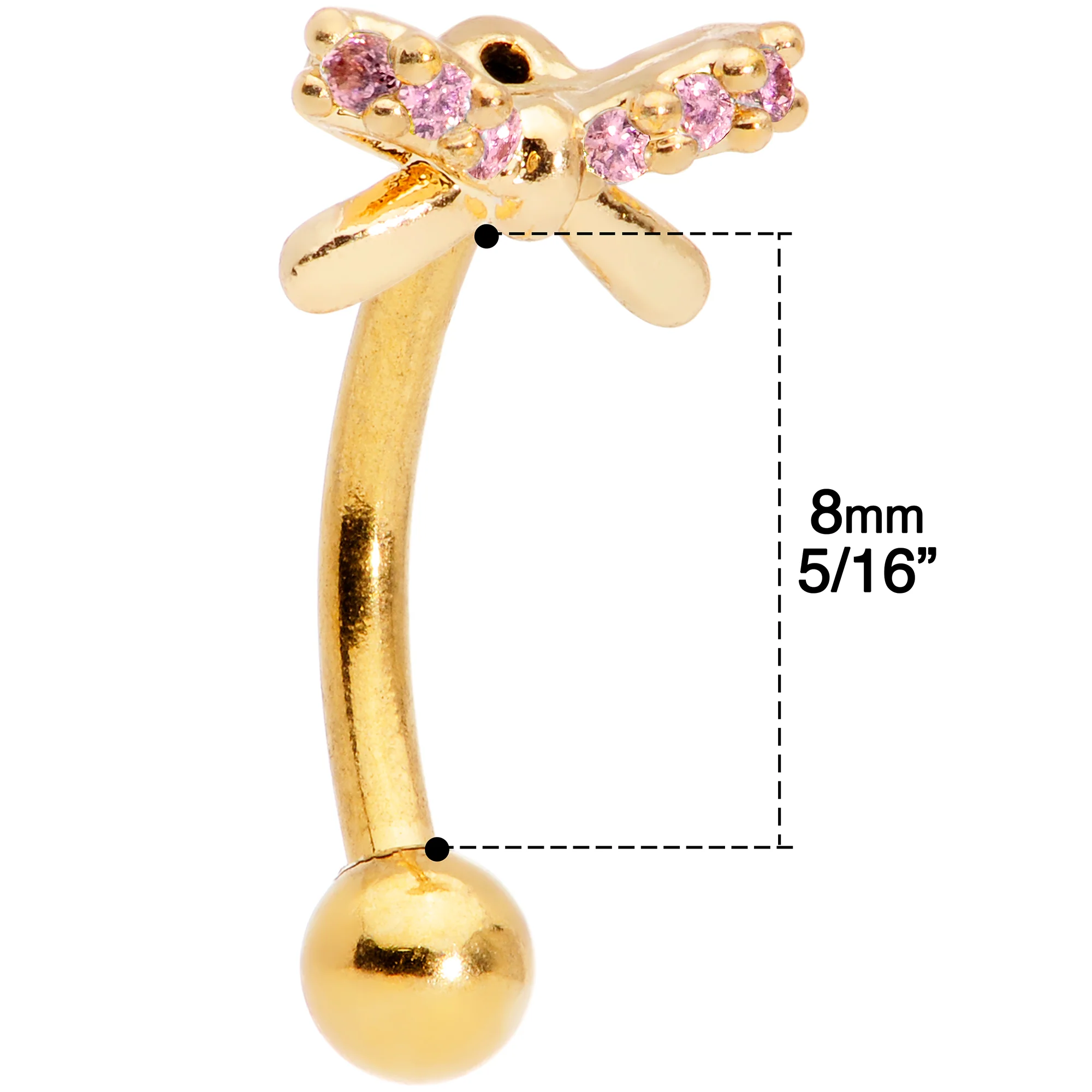 16G 5/16 Pink Gem Gold Tone Ribbon Bow Curved Eyebrow Ring - Image 4