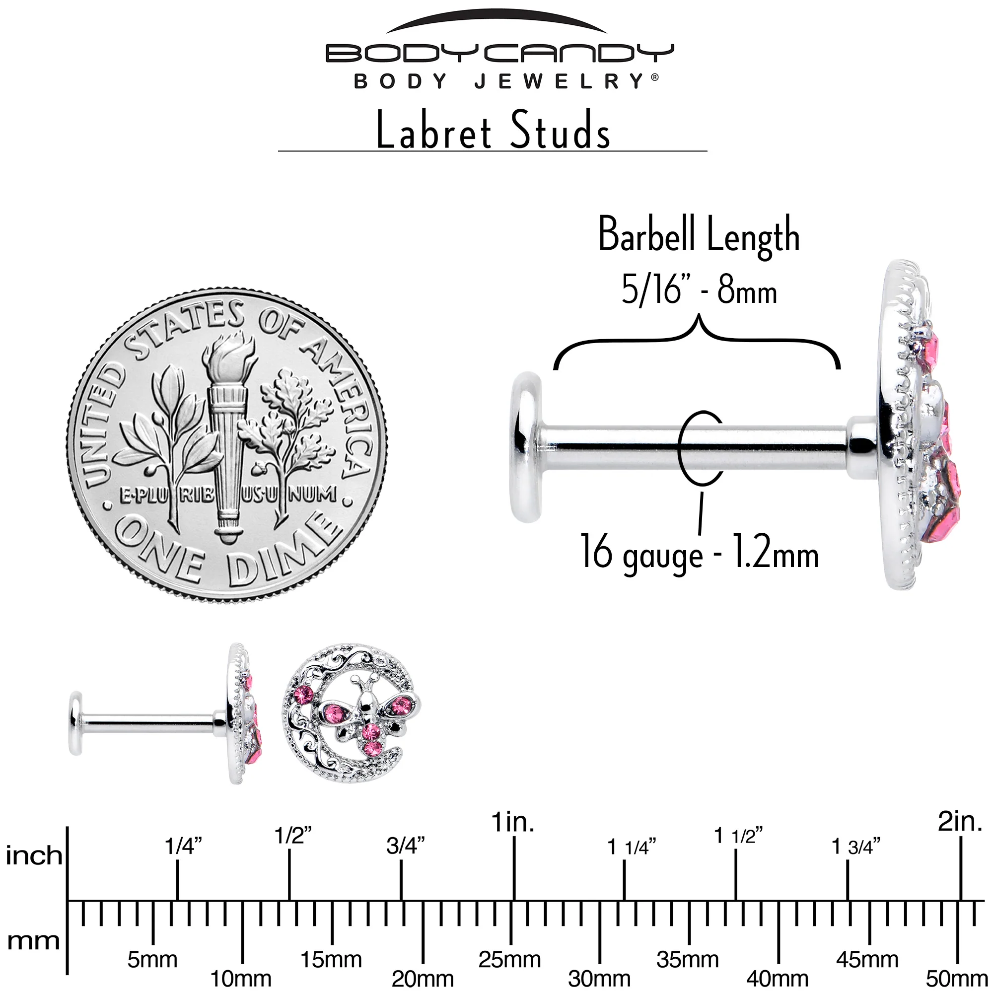 16G 5/16 Pink Gem Lunar Dragonfly Internally Threaded Labret Tragus - Image 6