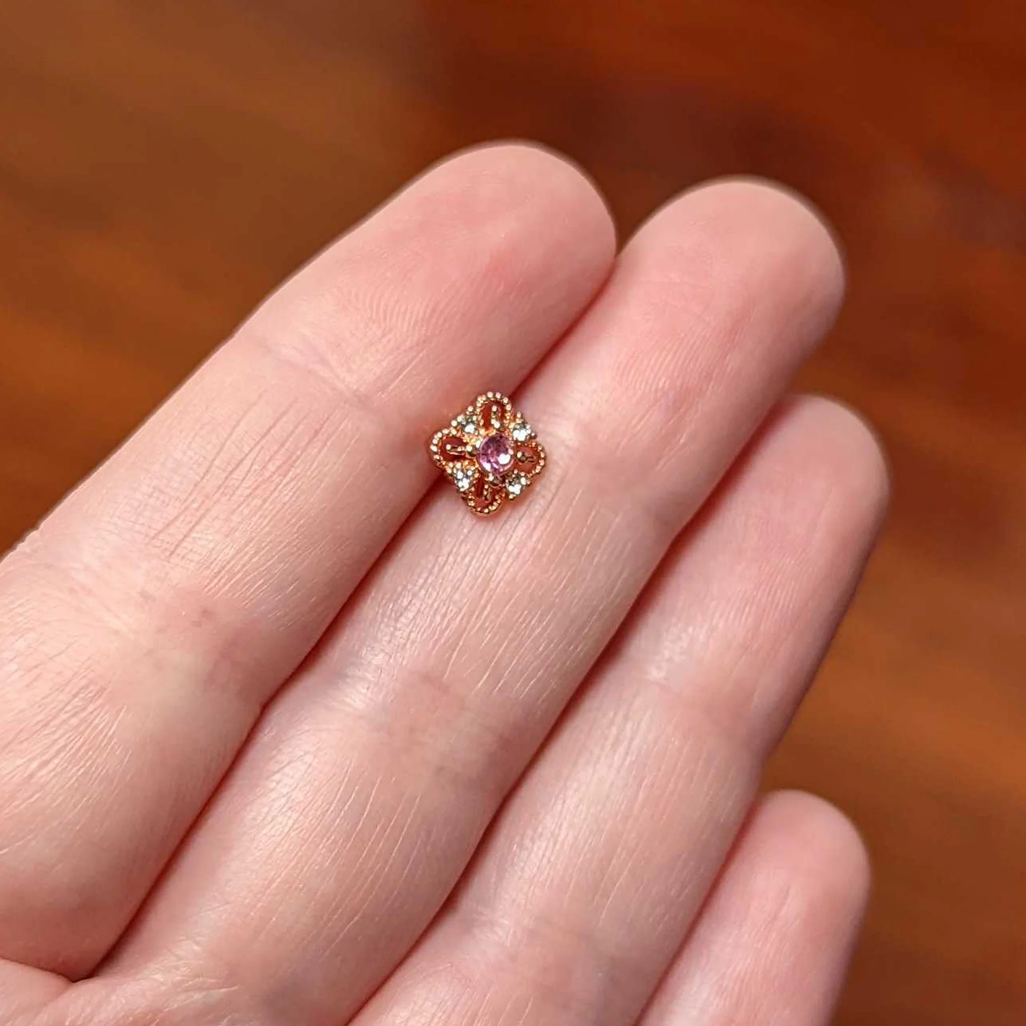 16G 5/16 Pink Gem Rose Gold Tone Cross Rhombus Labret Tragus - Image 5