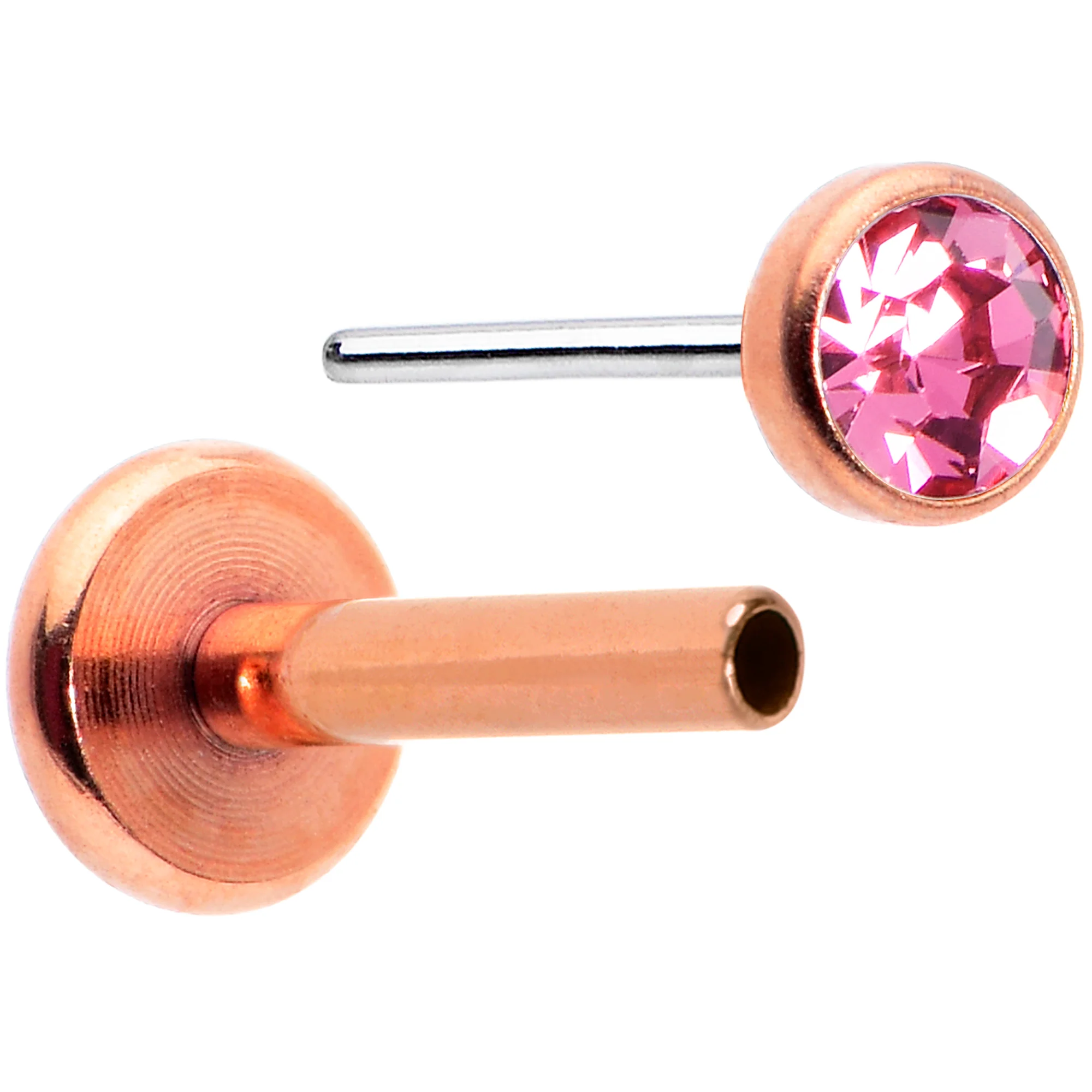 16G 5/16 Pink Gem Rose Gold Tone Threadless Labret Monroe Tragus - Image 2