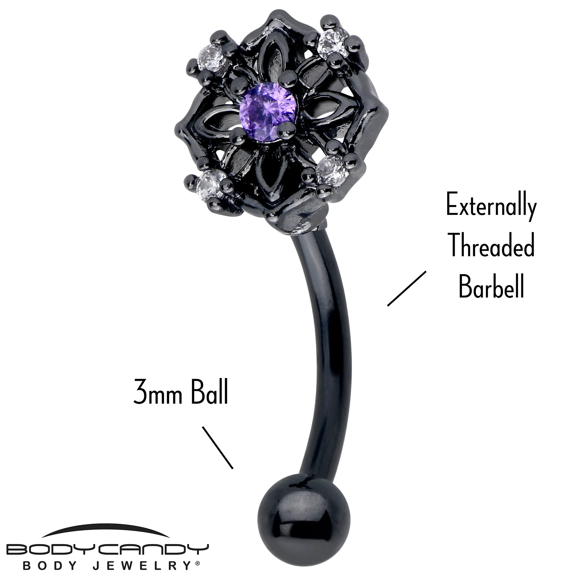 16G 5/16 Purple CZ Gem Black Flower Ring Curved Eyebrow Ring - Image 2