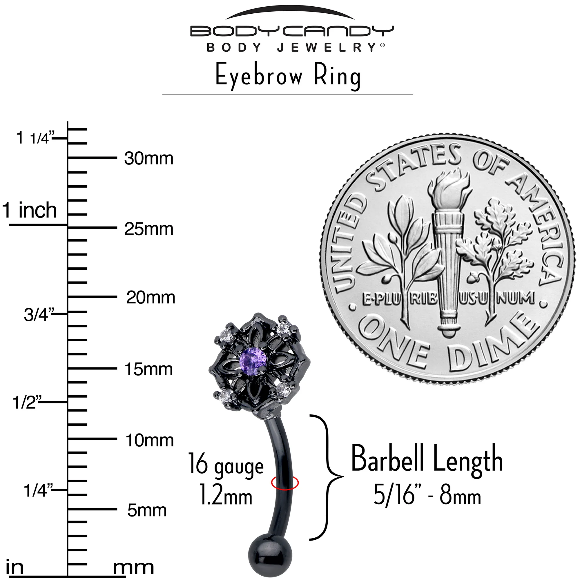 16G 5/16 Purple CZ Gem Black Flower Ring Curved Eyebrow Ring - Image 4