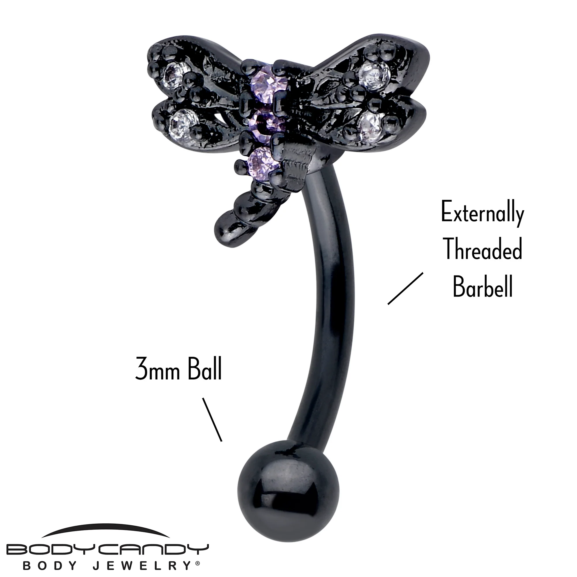 16G 5/16 Purple CZ Gem Black Night Dragonfly Curved Eyebrow Ring - Image 2