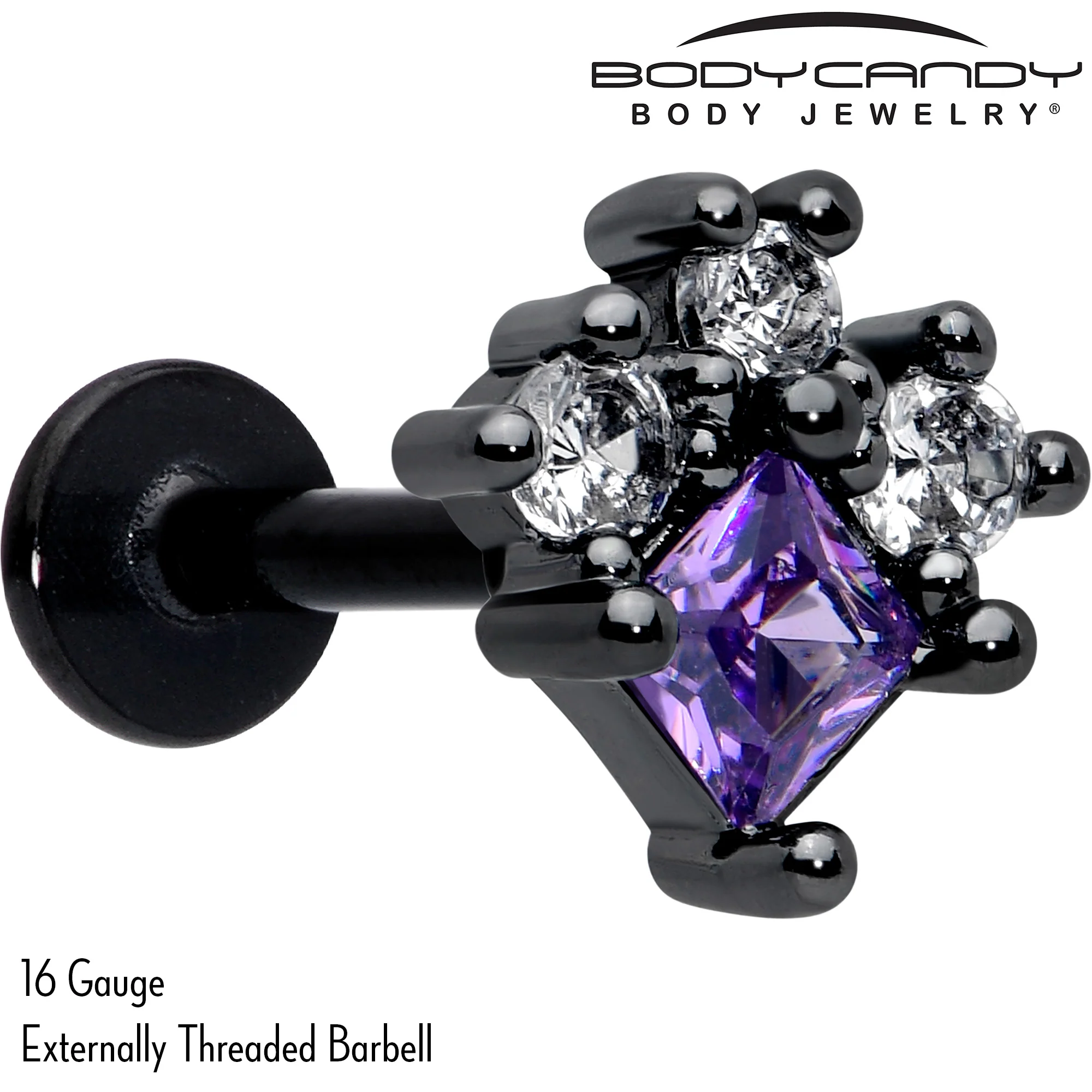 16G 5/16 Purple CZ Gem Black Rhombus Riot Labret Monroe Tragus - Image 2