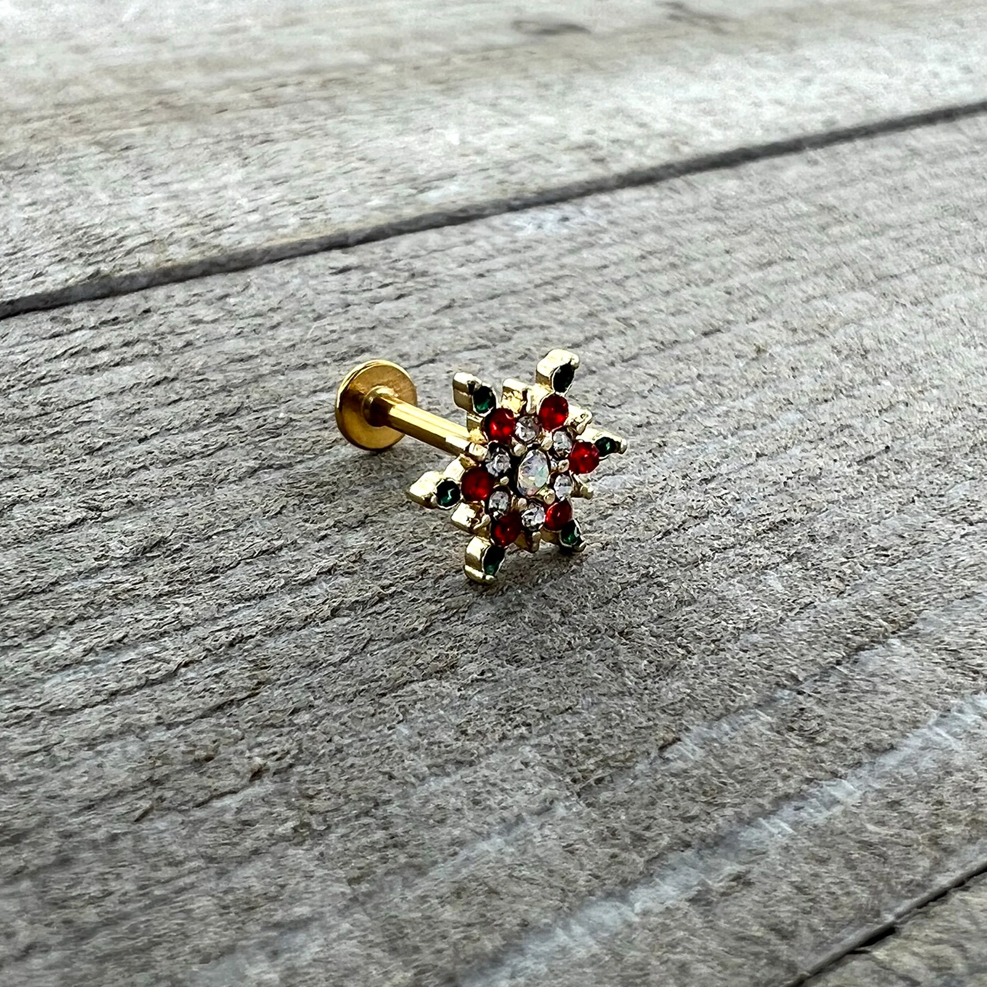 16G 5/16 Red Aurora Gem Gold Tone Xmas Star Holiday Labret Tragus - Image 6