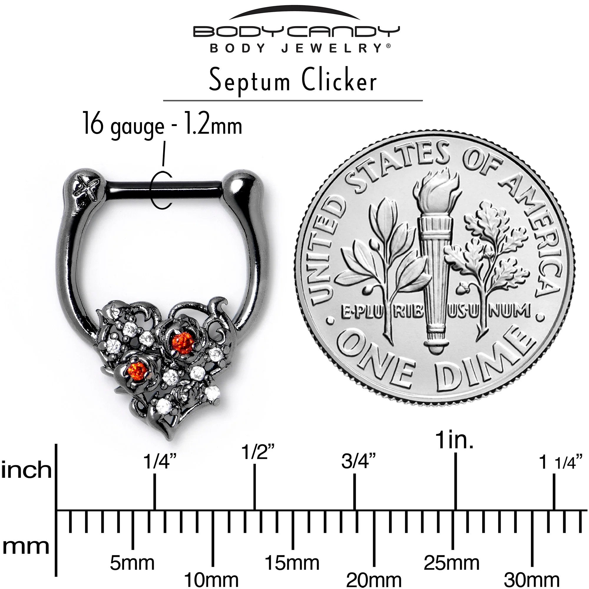 16G 5/16 Red Clear CZ Black Floral Heart Cartilage Clicker - Image 4