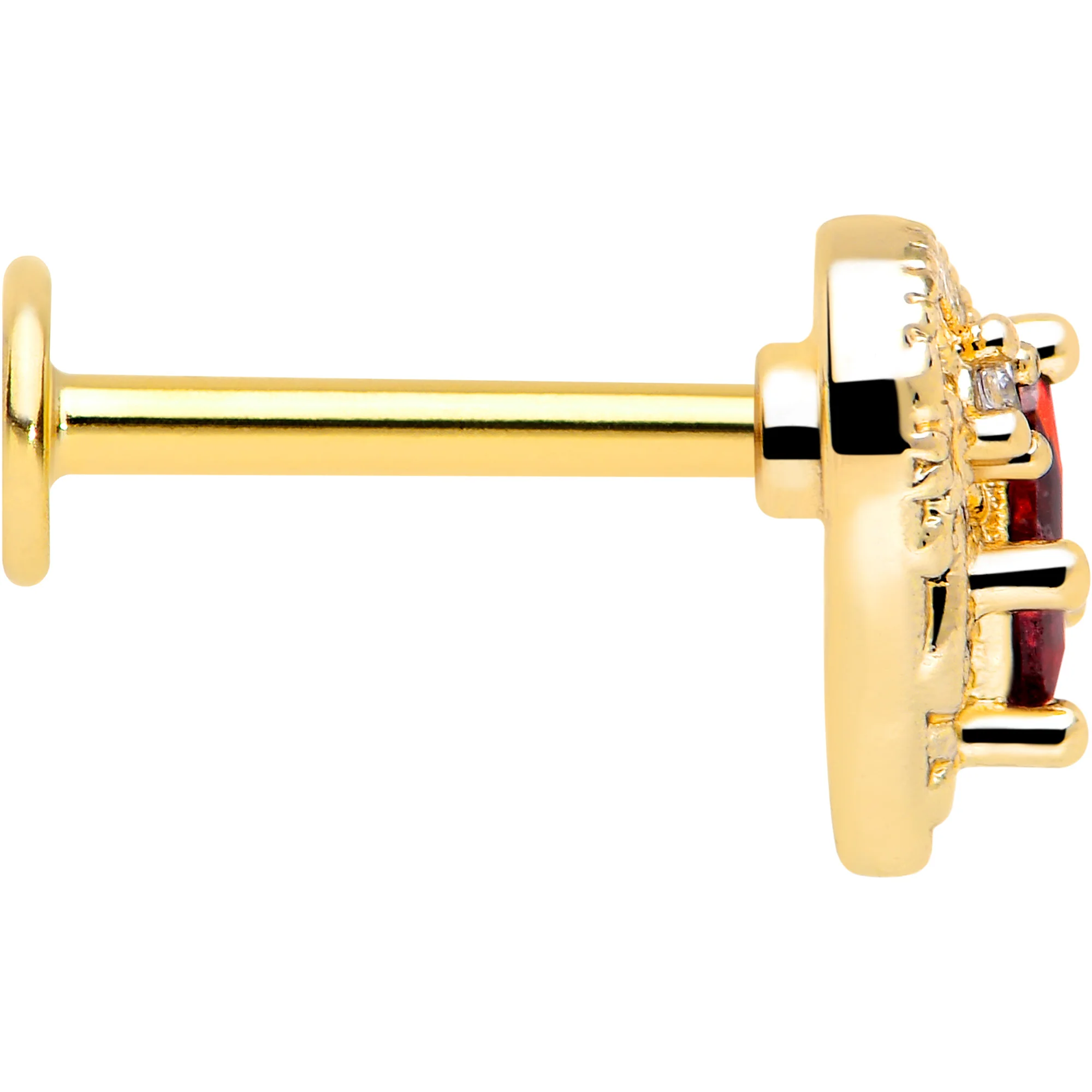 16G 5/16 Red CZ Gem Gold Tone Heart Queen Flatback Stud - Image 4