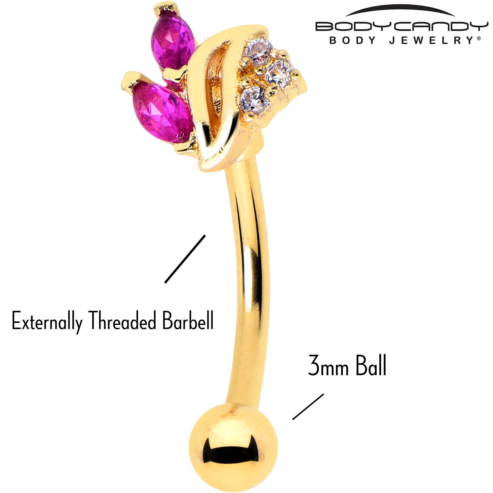 16G 5/16 Red CZ Gem Gold Tone Swirl Fan Curved Eyebrow Ring - Image 3