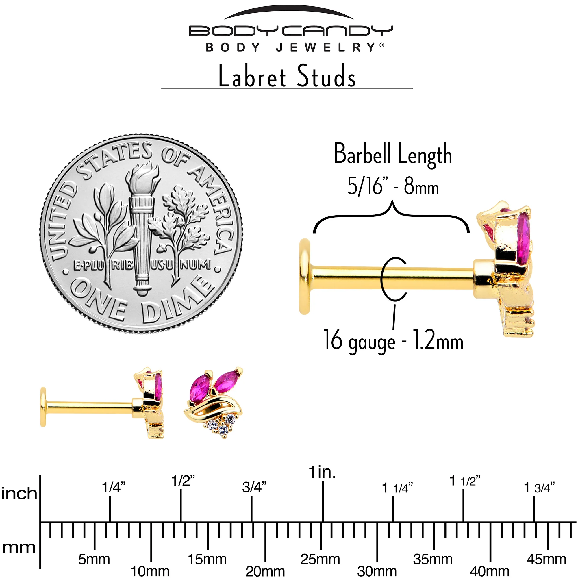 16G 5/16 Red CZ Gem Gold Tone Swirl Fan Labret Monroe Tragus - Image 5