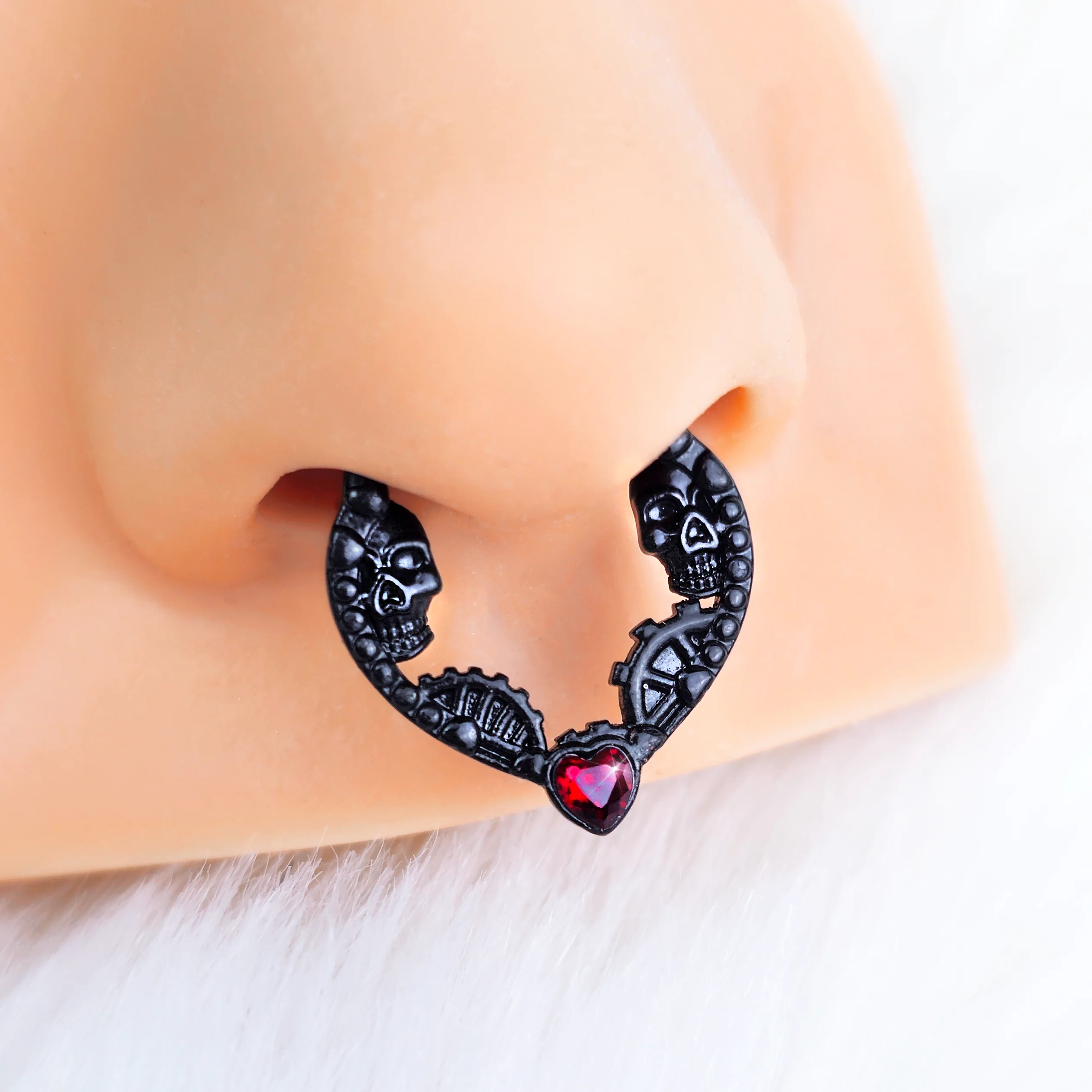 16G 5/16 Red Gem Black Steampunk Skeleton Heart Cartilage Clicker - Image 2