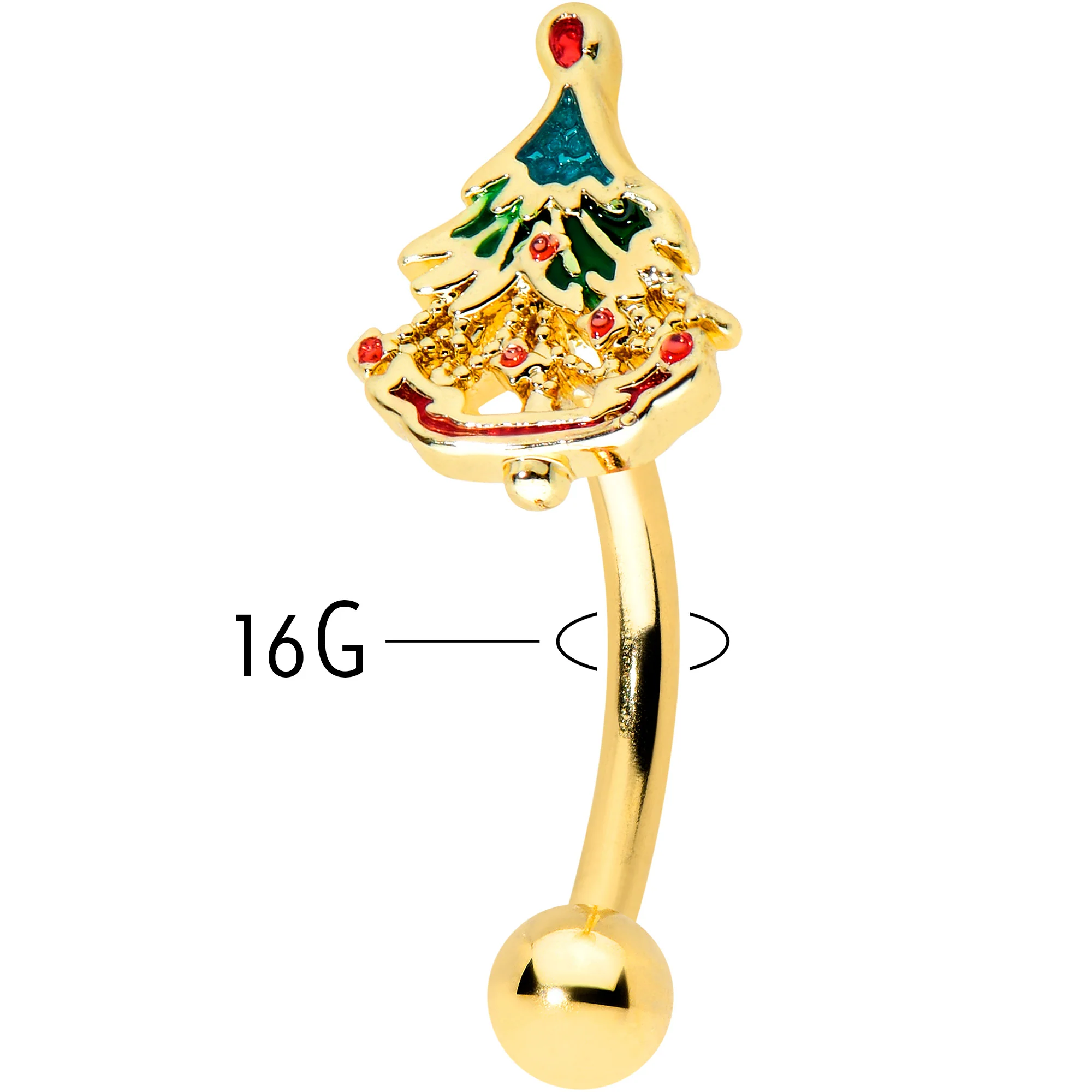16G 5/16 Red Gem Gold Tone Deco Holiday Tree Curved Eyebrow Ring - Image 3