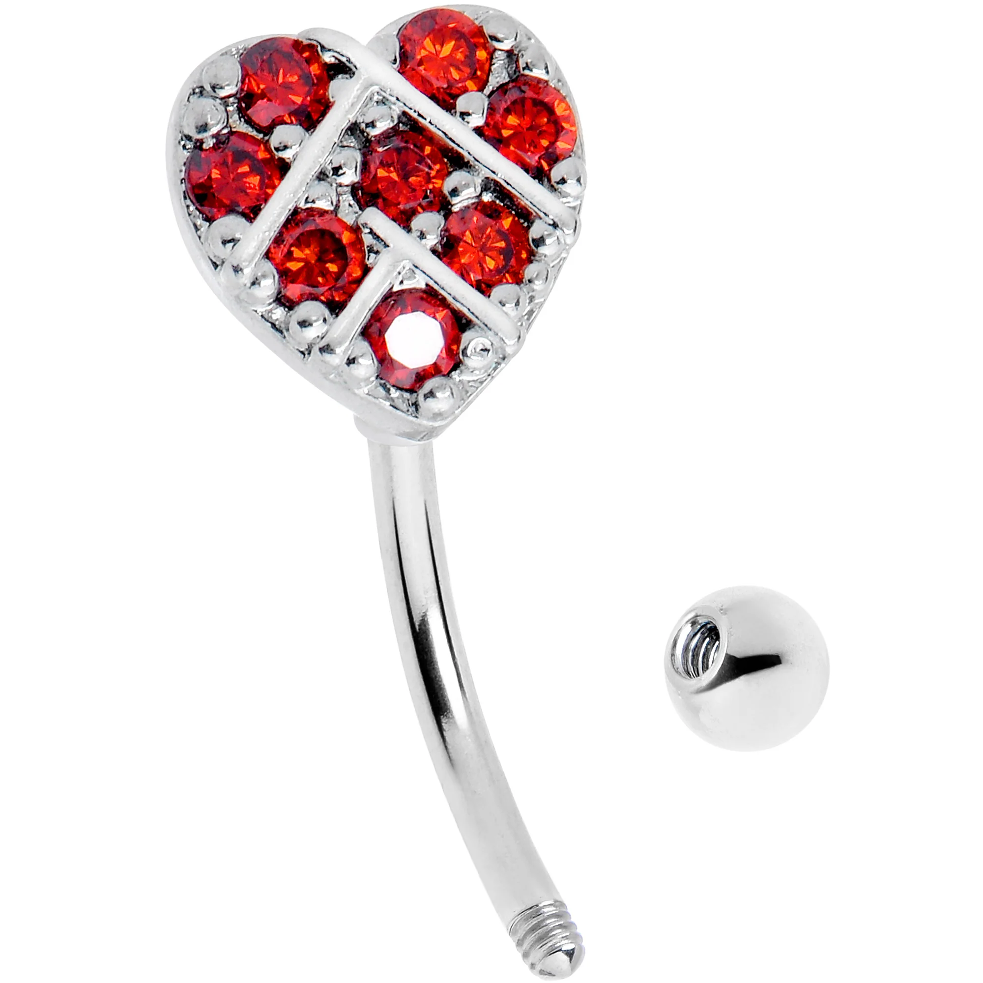 16G 5/16 Red Gem Lattice Heart Curved Eyebrow Ring - Image 2