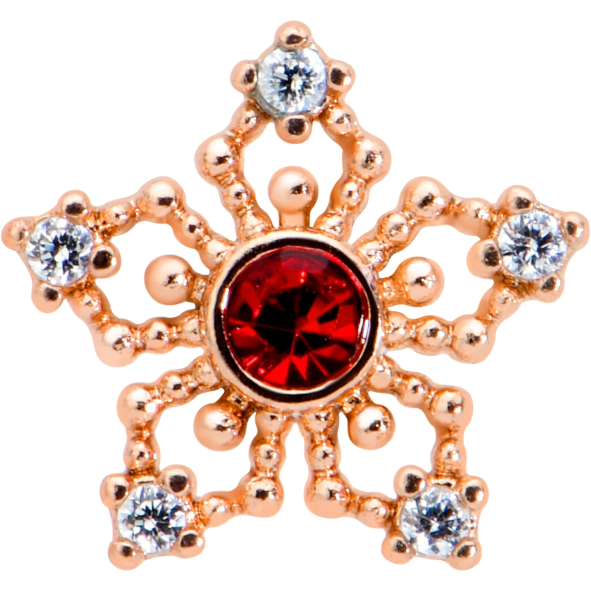 16G 5/16 Red Gem Rose Gold Tone Texture Snowflake Labret Tragus - Image 2