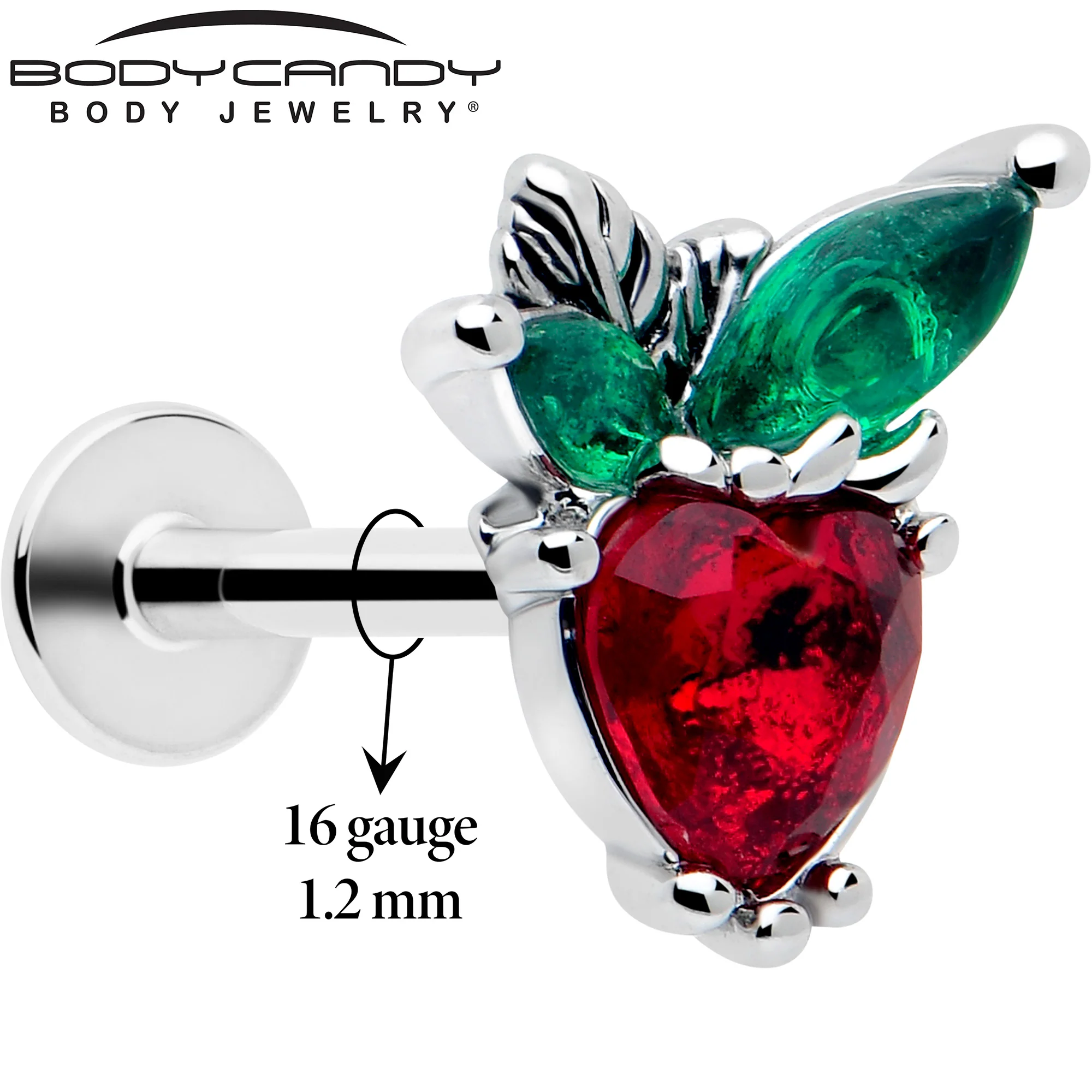 16G 5/16 Red Green Gem Strawberry Heart Labret Monroe Tragus - Image 2
