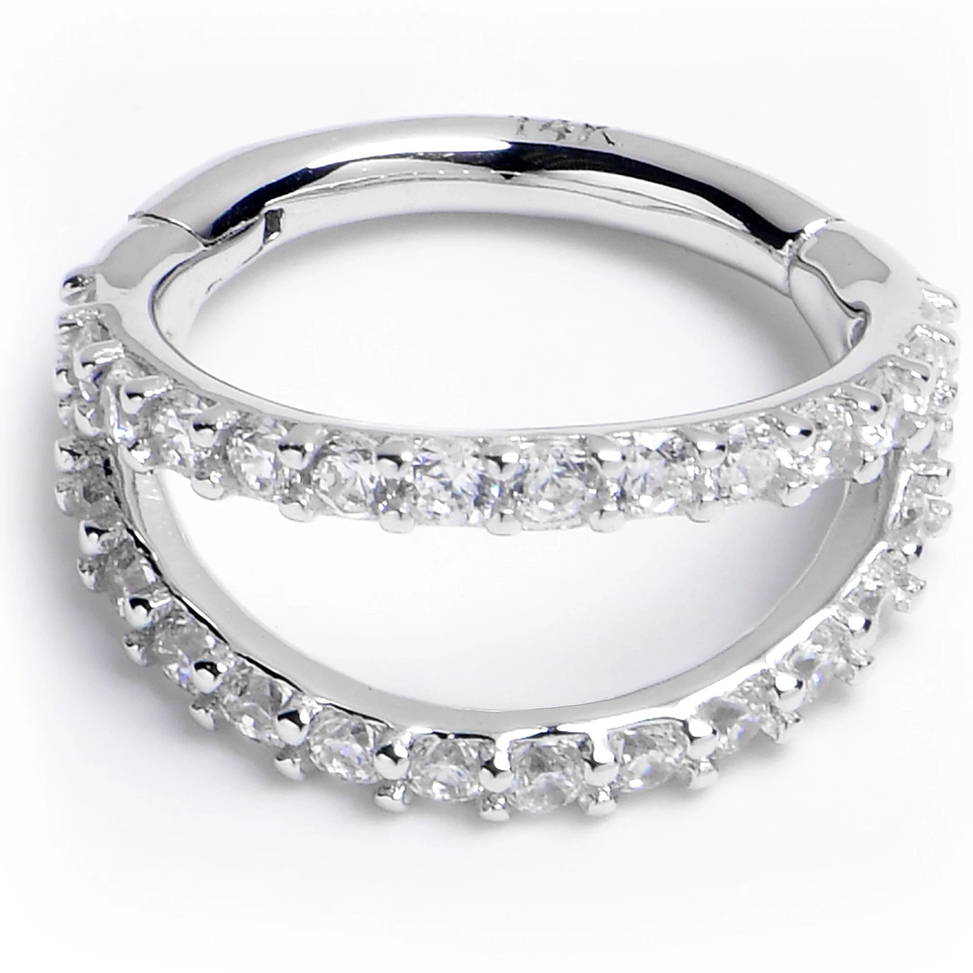 16G 5/16 Solid 14K White Gold Clear CZ Gem Hinged Segment Ring - Image 3