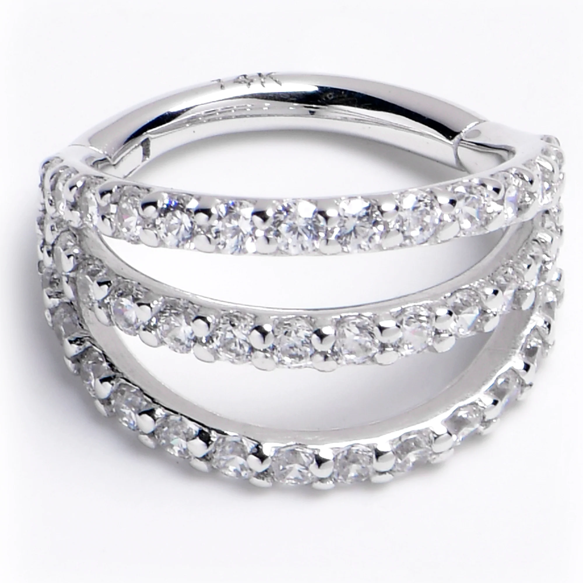 16G 5/16 Solid 14K White Gold Clear CZ Gem Row Hinged Segment Ring - Image 3