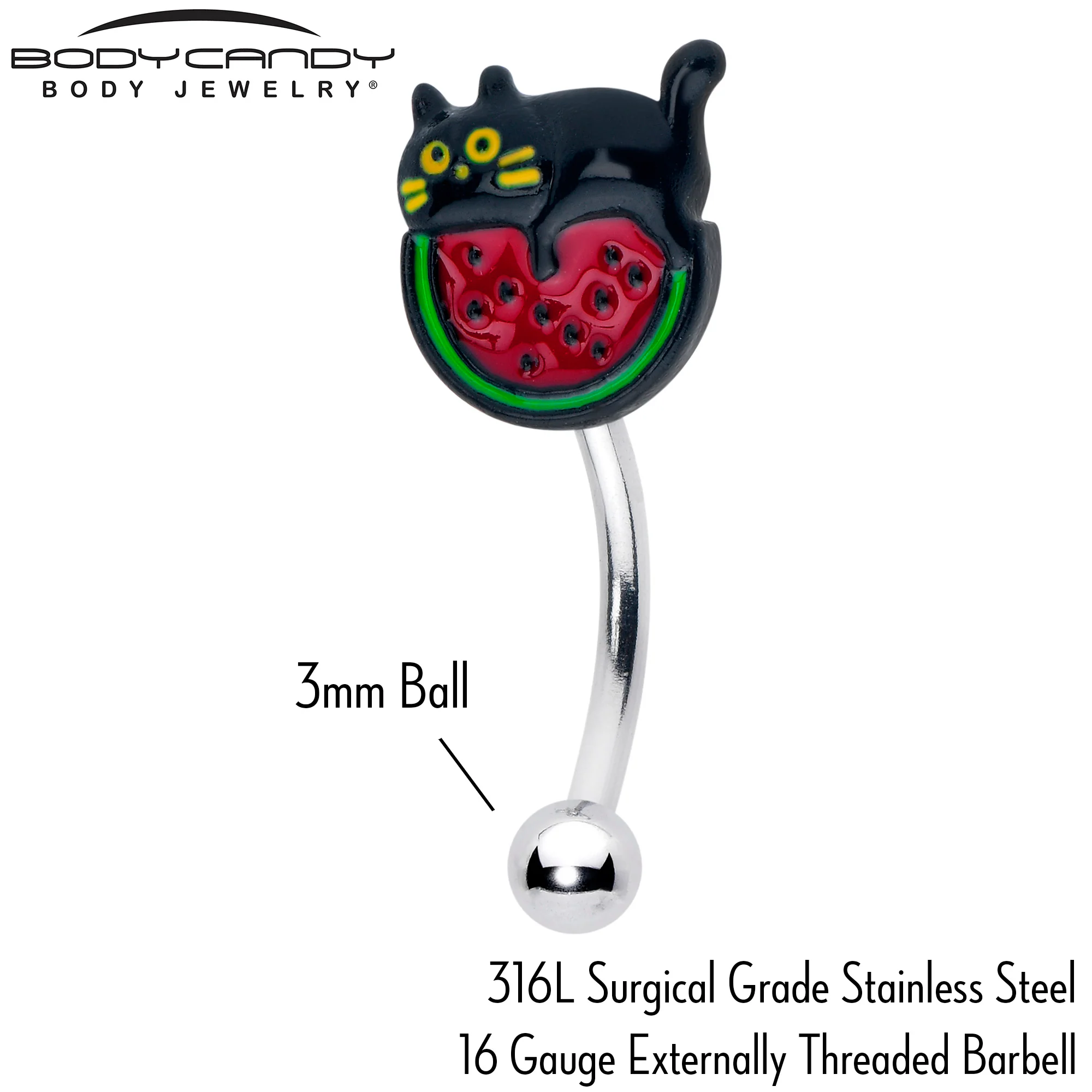 16G 5/16 Watermelon Cat Love Curved Eyebrow Ring - Image 3