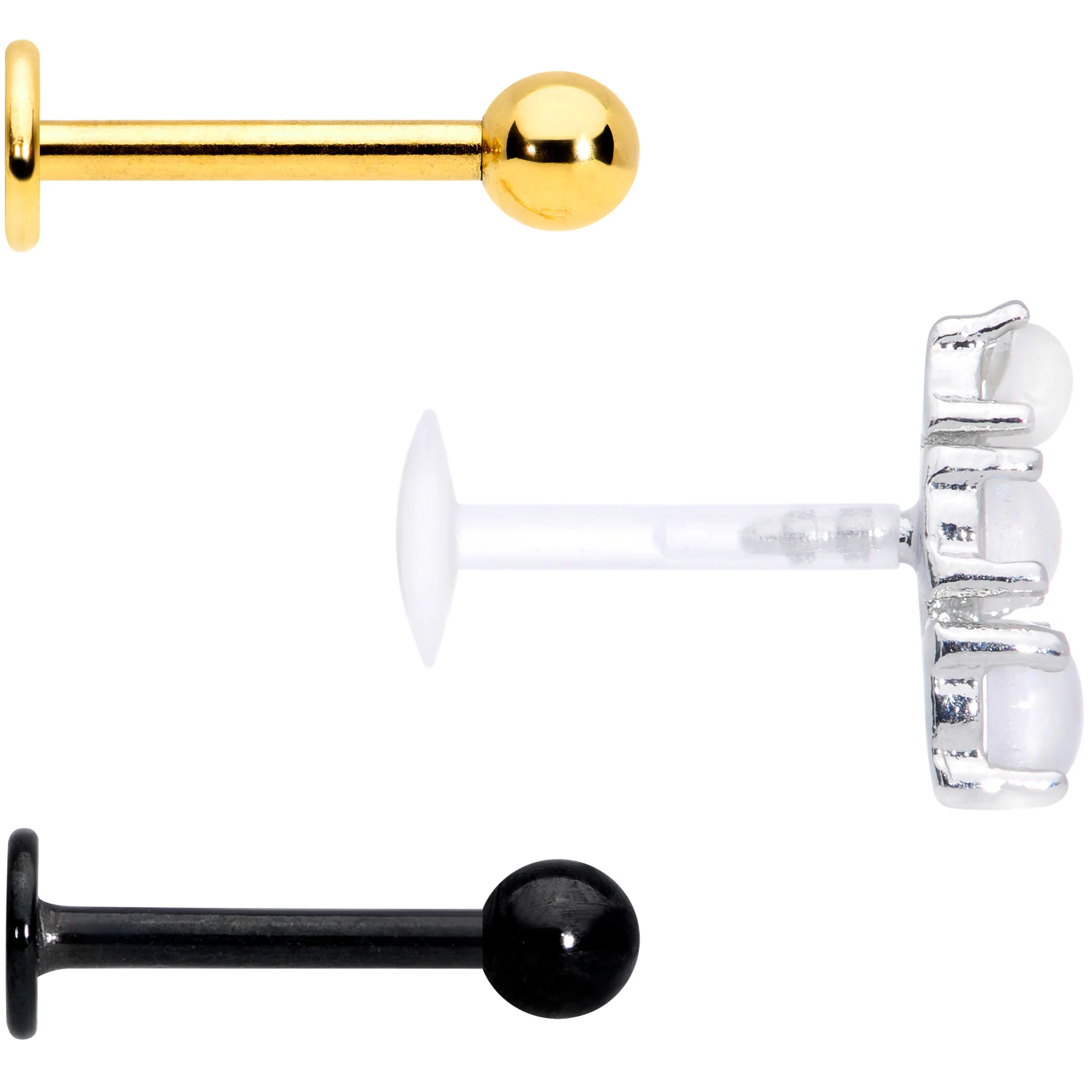 16G 5/16 White Faux Opal Bioplast Gold Tone Labret Set of 3 - Image 2