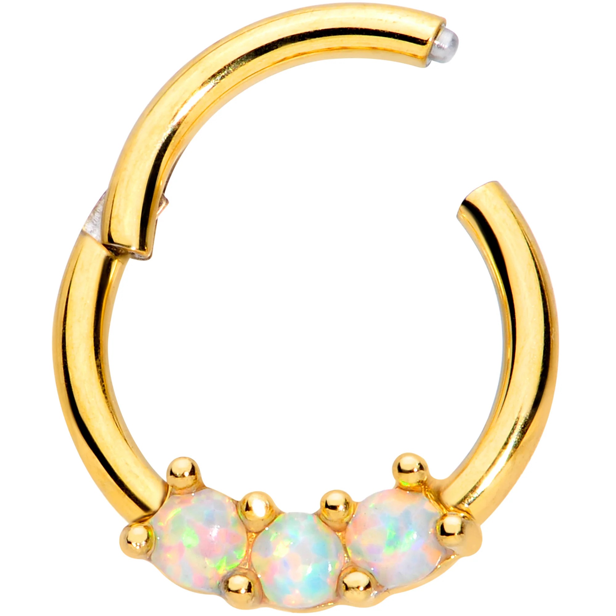 16G 5/16 White Synthetic Opal Gold Tone Trio Hinged Segment Ring - Image 2