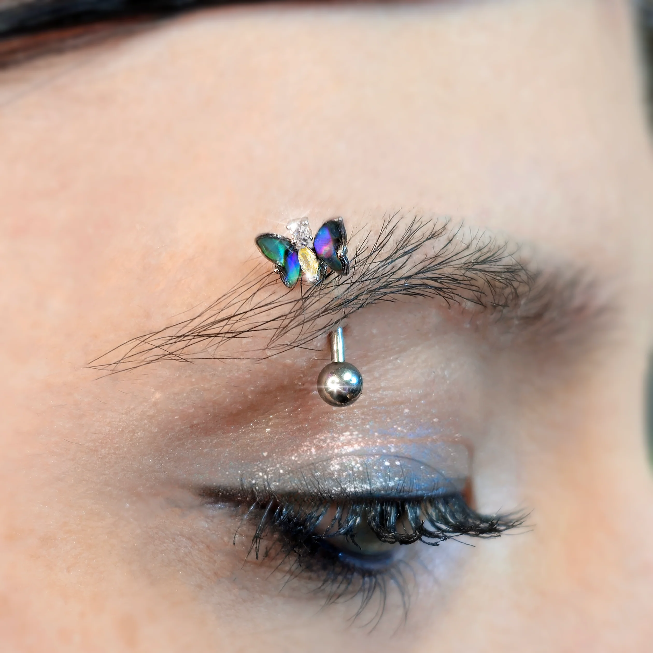 16G 5/16 Yellow Clear Gem Dark Butterfly Curved Eyebrow Ring - Image 2