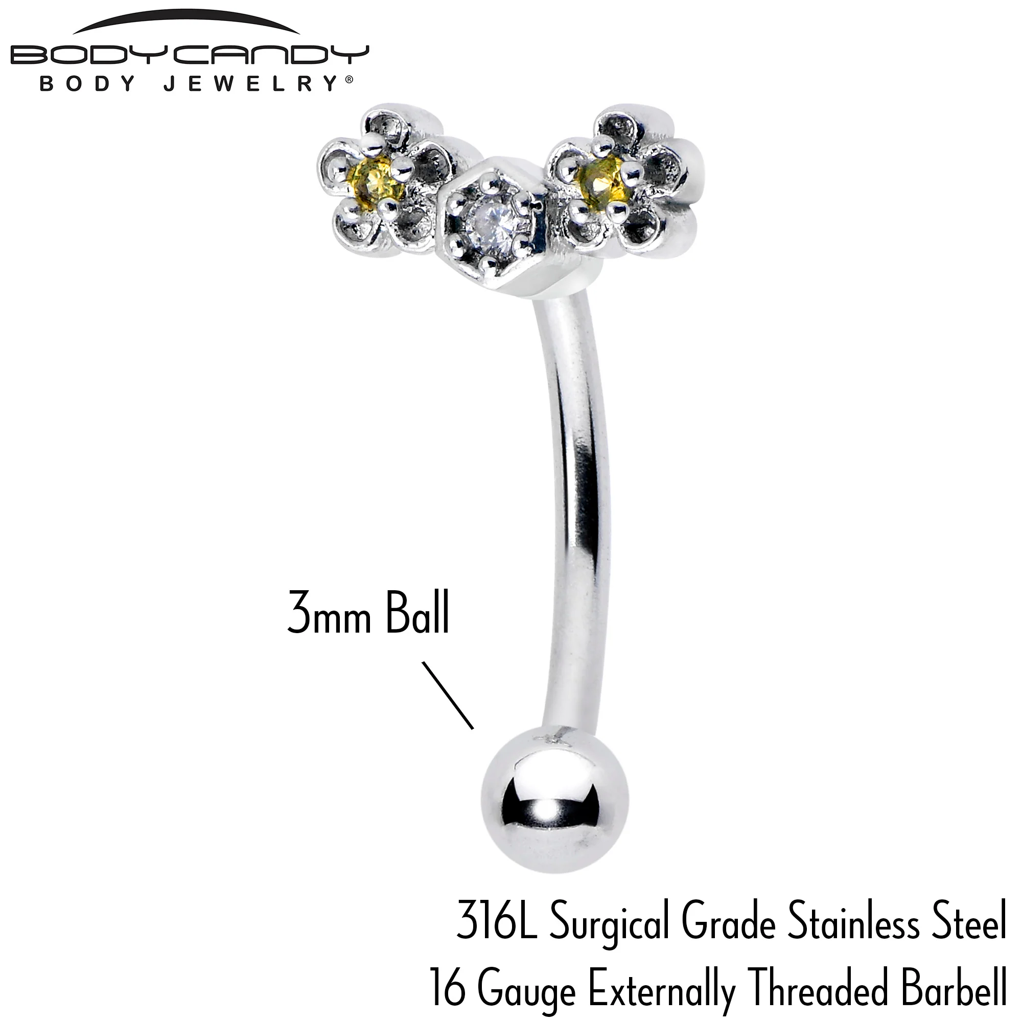 16G 5/16 Yellow CZ Gem Flower Honeycomb Curved Eyebrow Ring - Image 3