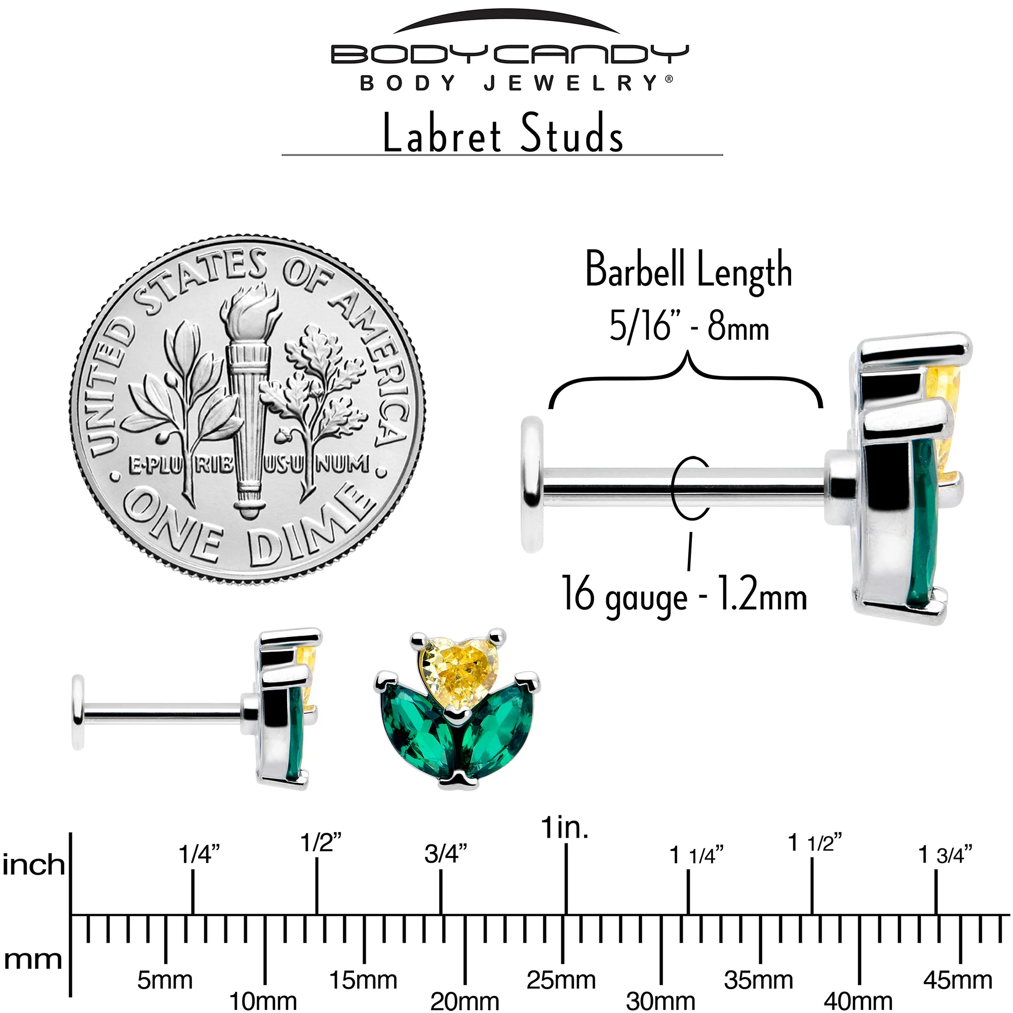 16G 5/16 Yellow Green CZ Gem Love Flower Labret Monroe Tragus - Image 5