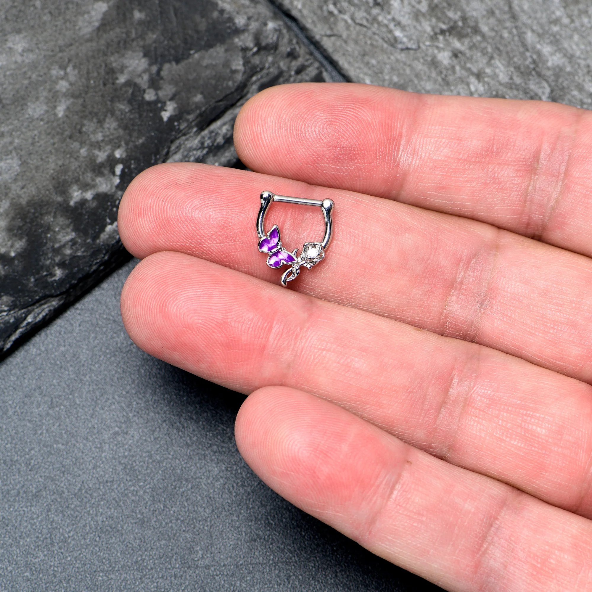 16G 5/6 Clear Gem Butterfly Rose Flower Purple Cartilage Clicker - Image 2