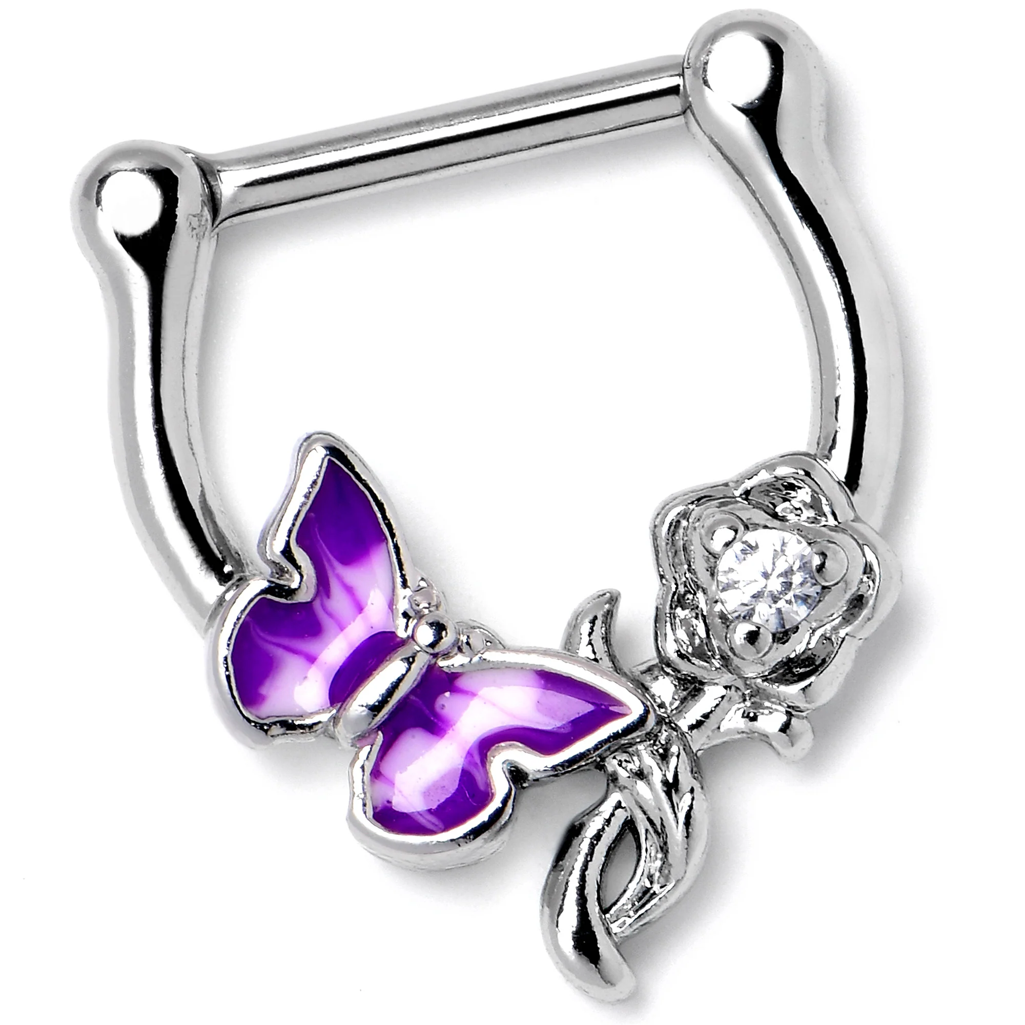 16G 5/6 Clear Gem Butterfly Rose Flower Purple Cartilage Clicker - Image 3