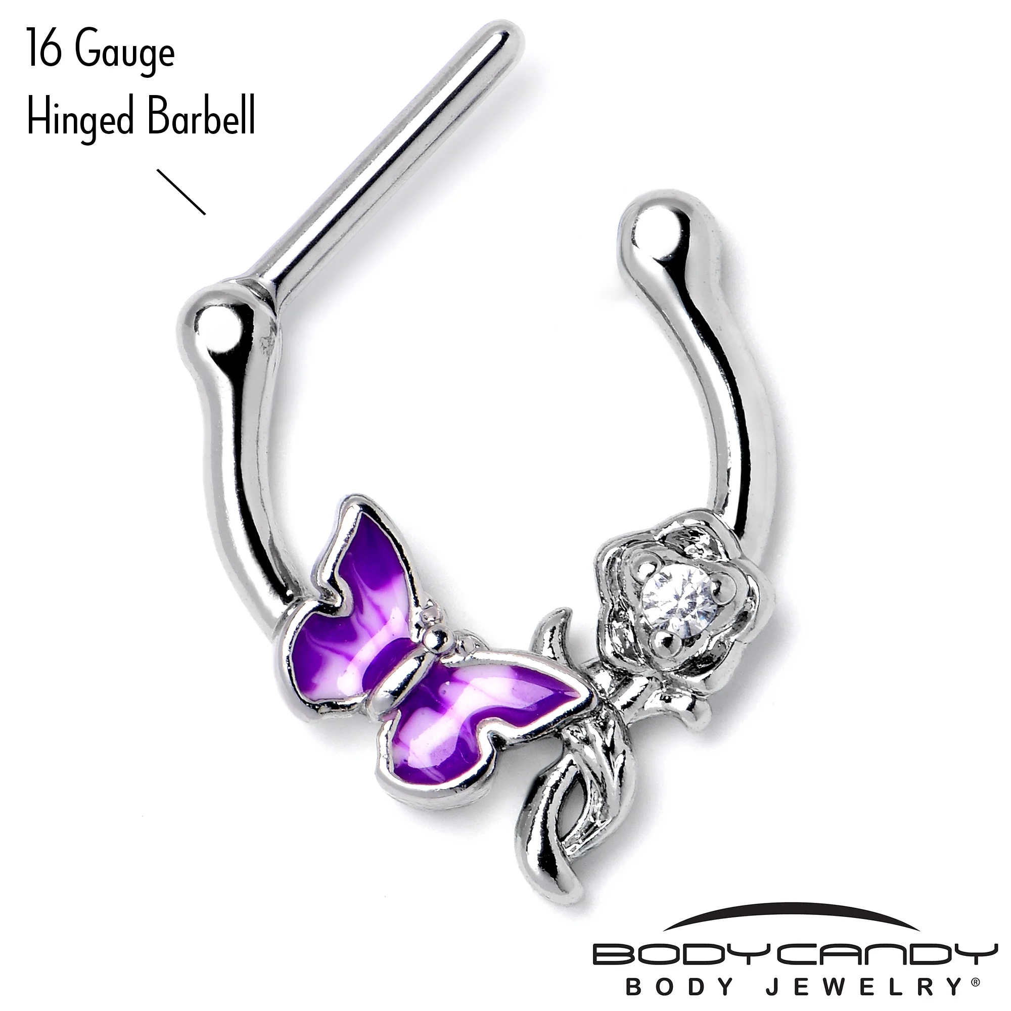 16G 5/6 Clear Gem Butterfly Rose Flower Purple Cartilage Clicker - Image 4