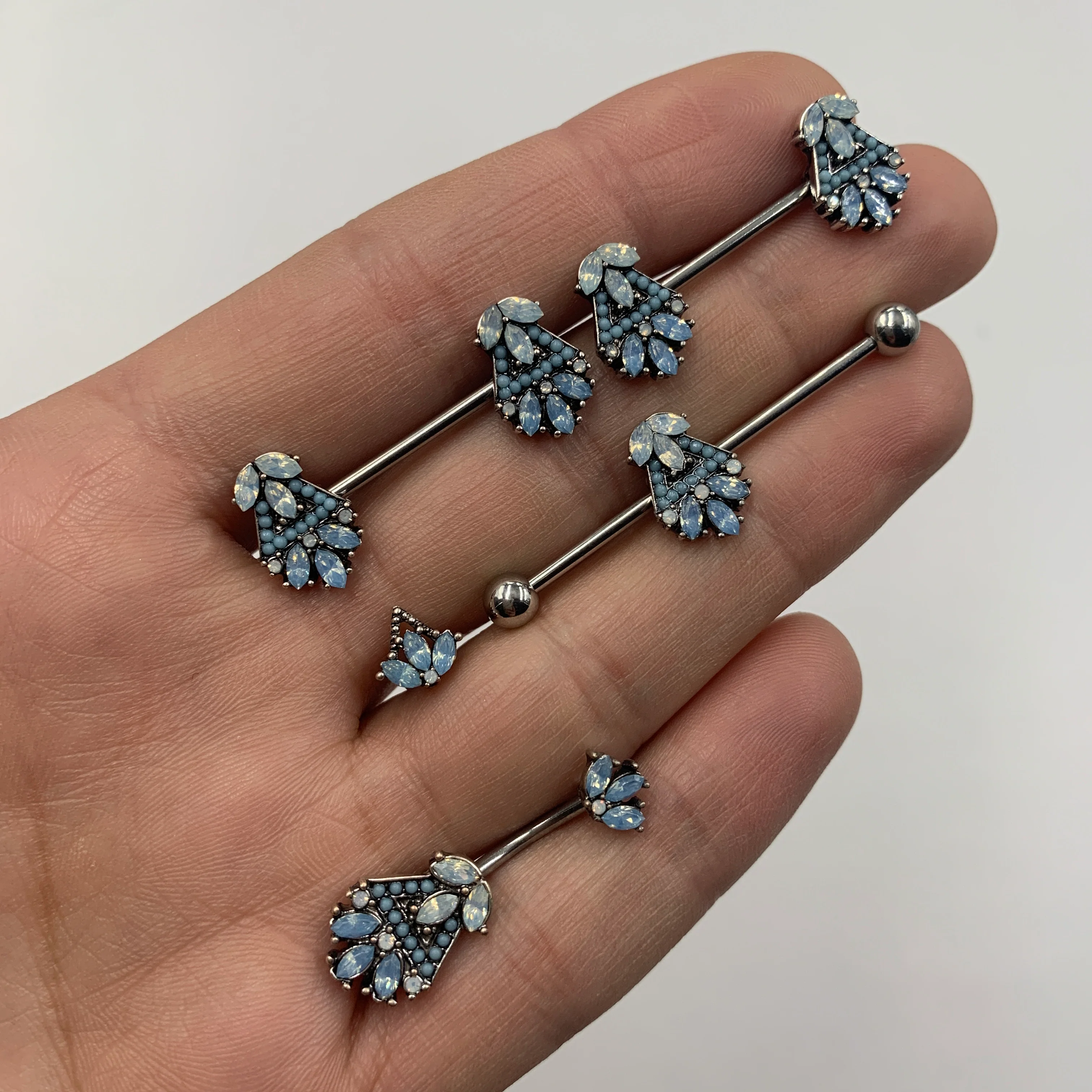 16G 5/16 Blue Faux Opal Triad Labret Monroe Tragus - Image 2