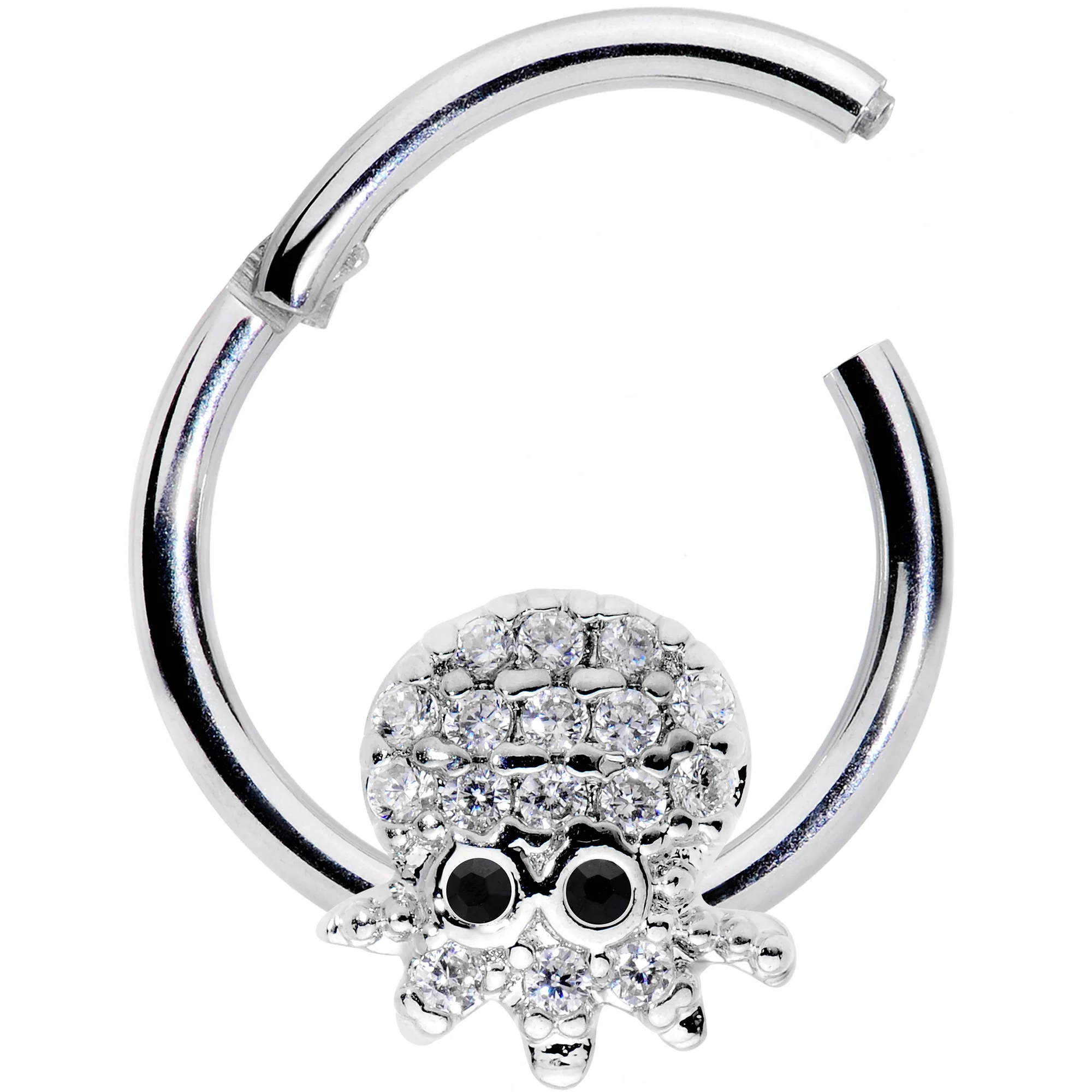 16G 5/16 Clear Black CZ Gem Nautical Octopus Hinged Segment Ring - Image 3