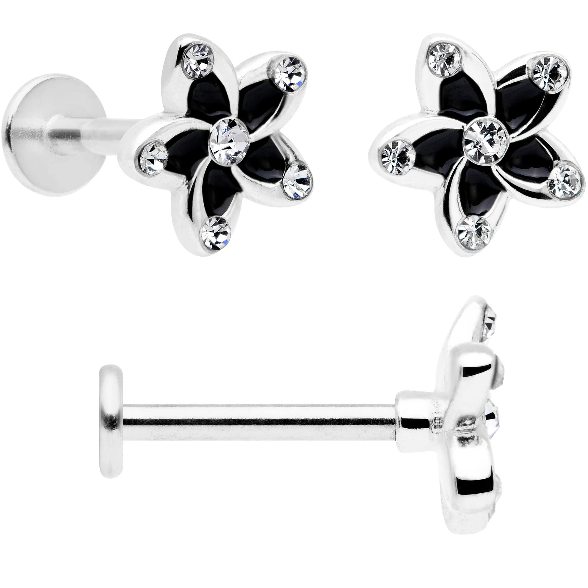 16G 5/16 Clear Gem Black Flower Labret Set of 3 - Image 3