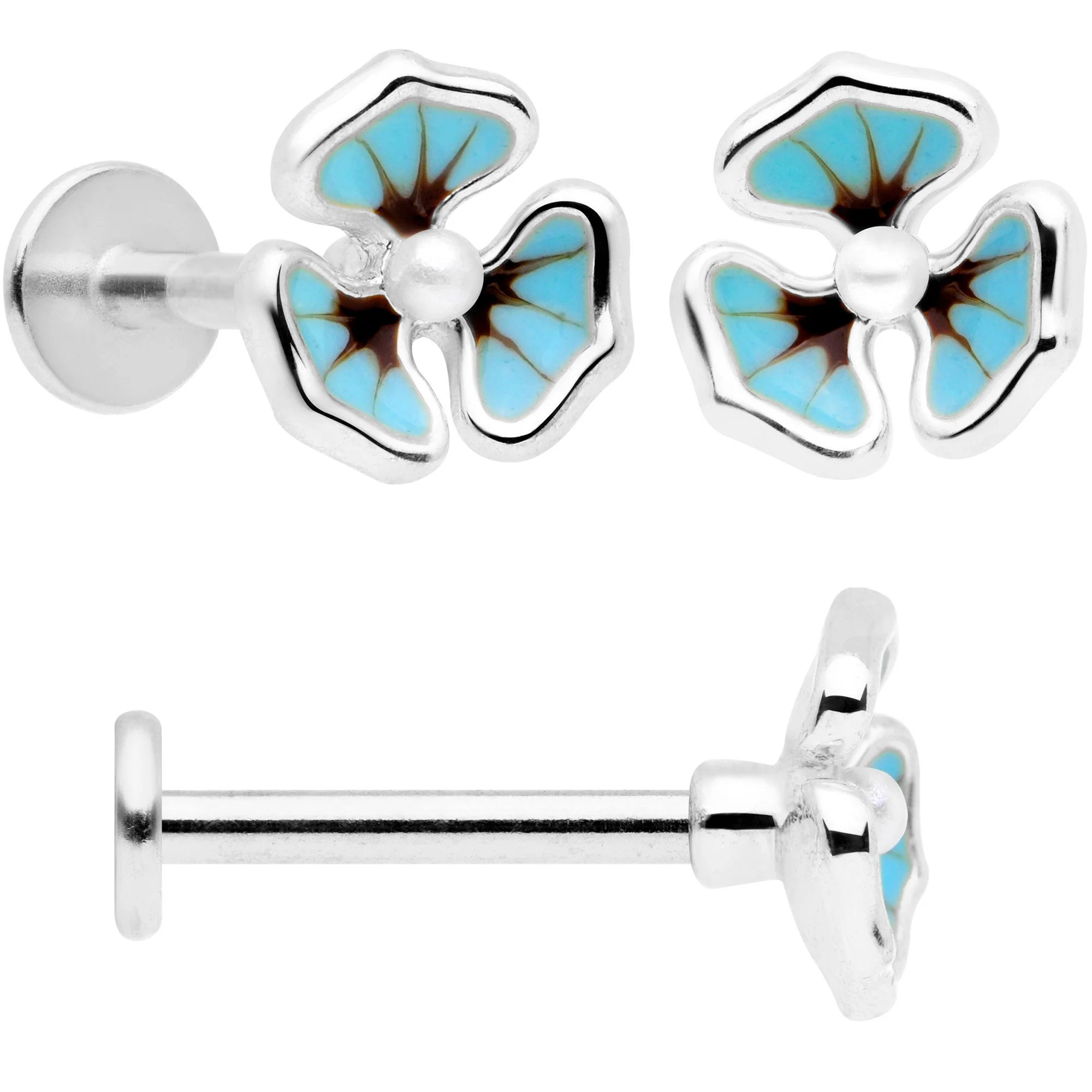 16G 5/16 Clear Gem Blue Flower Labret Monroe Tragus Set of 3 - Image 3