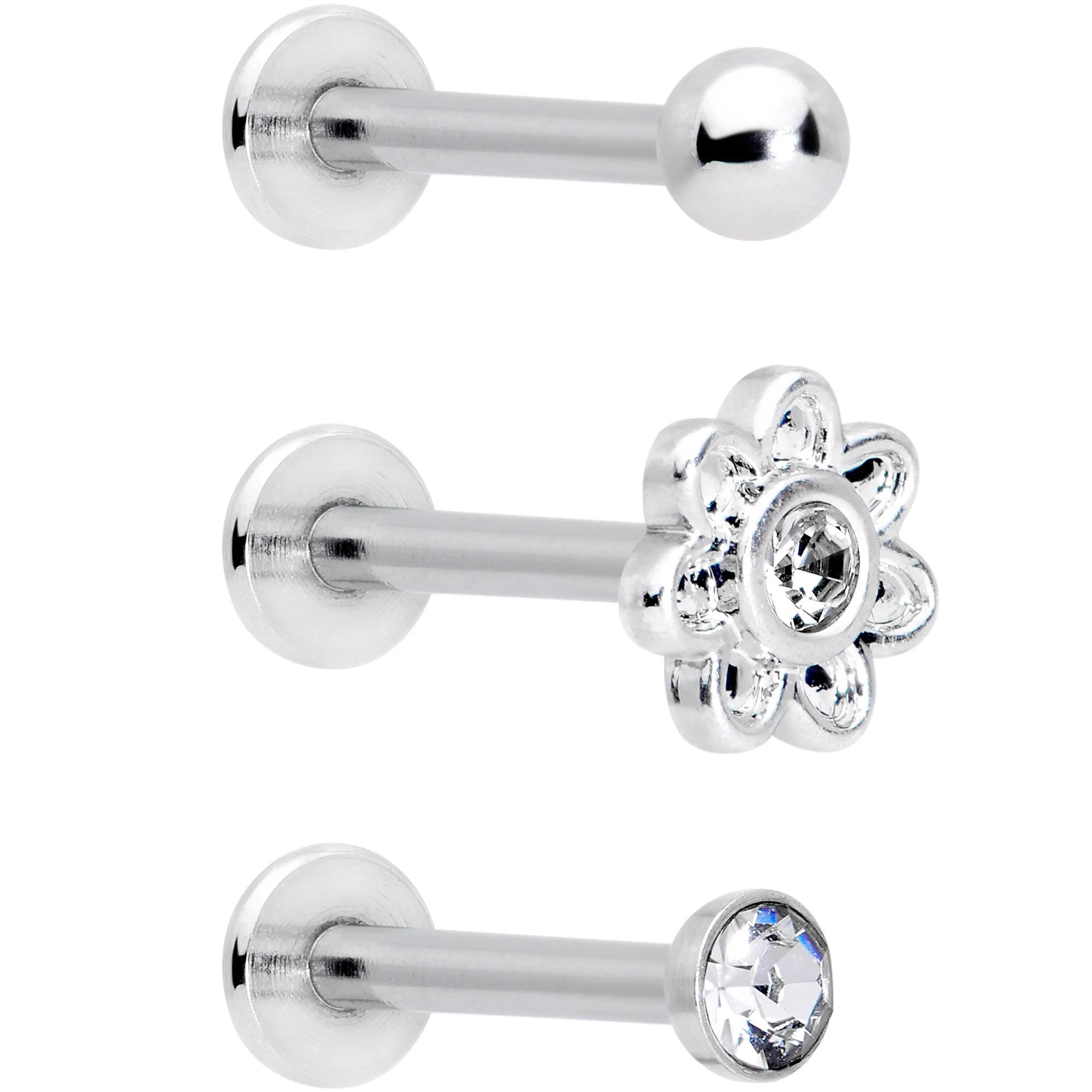 16G 5/16 Clear Gem Flower Top Labret Tragus Set of Three