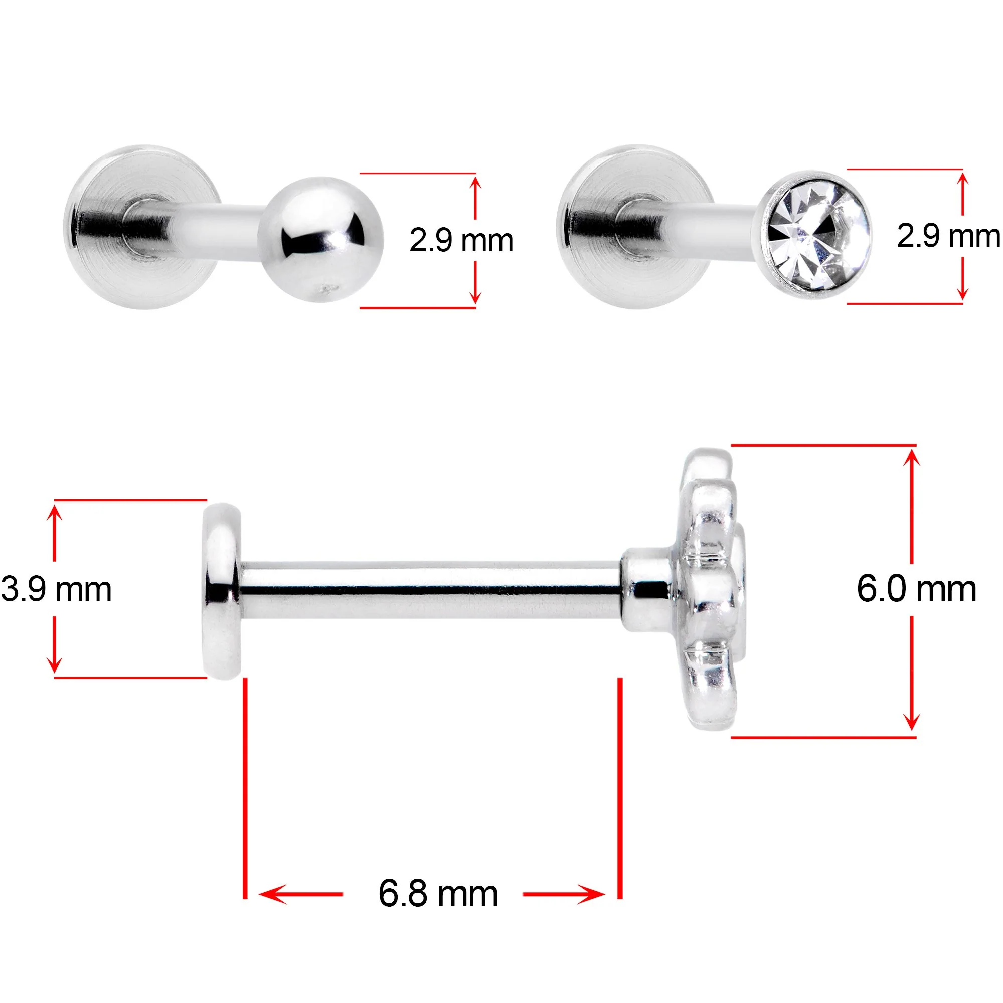 16G 5/16 Clear Gem Flower Top Labret Tragus Set of Three - Image 4