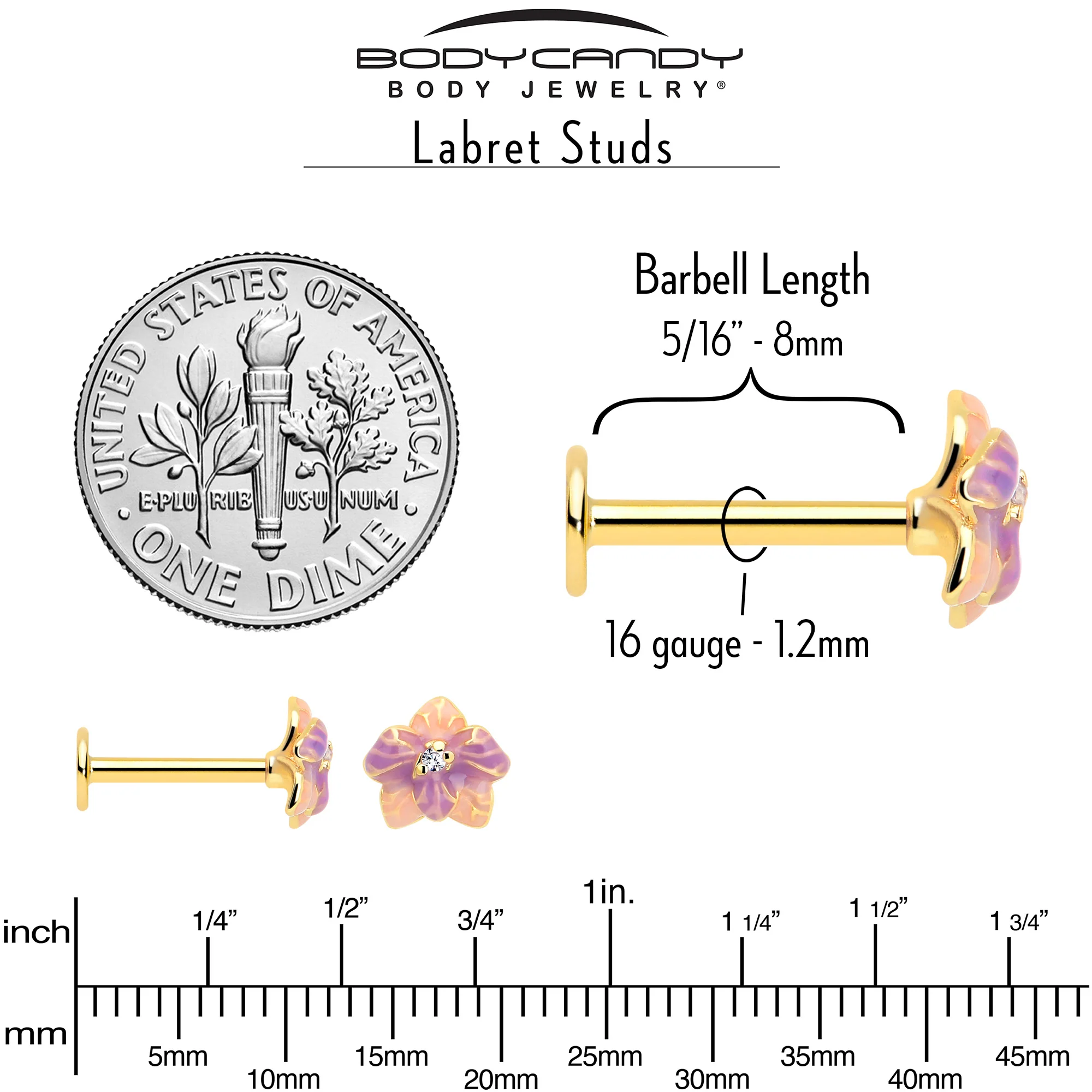 16G 5/16 Clear Gem Gold Tone Pastel Flower Labret Monroe Tragus - Image 4