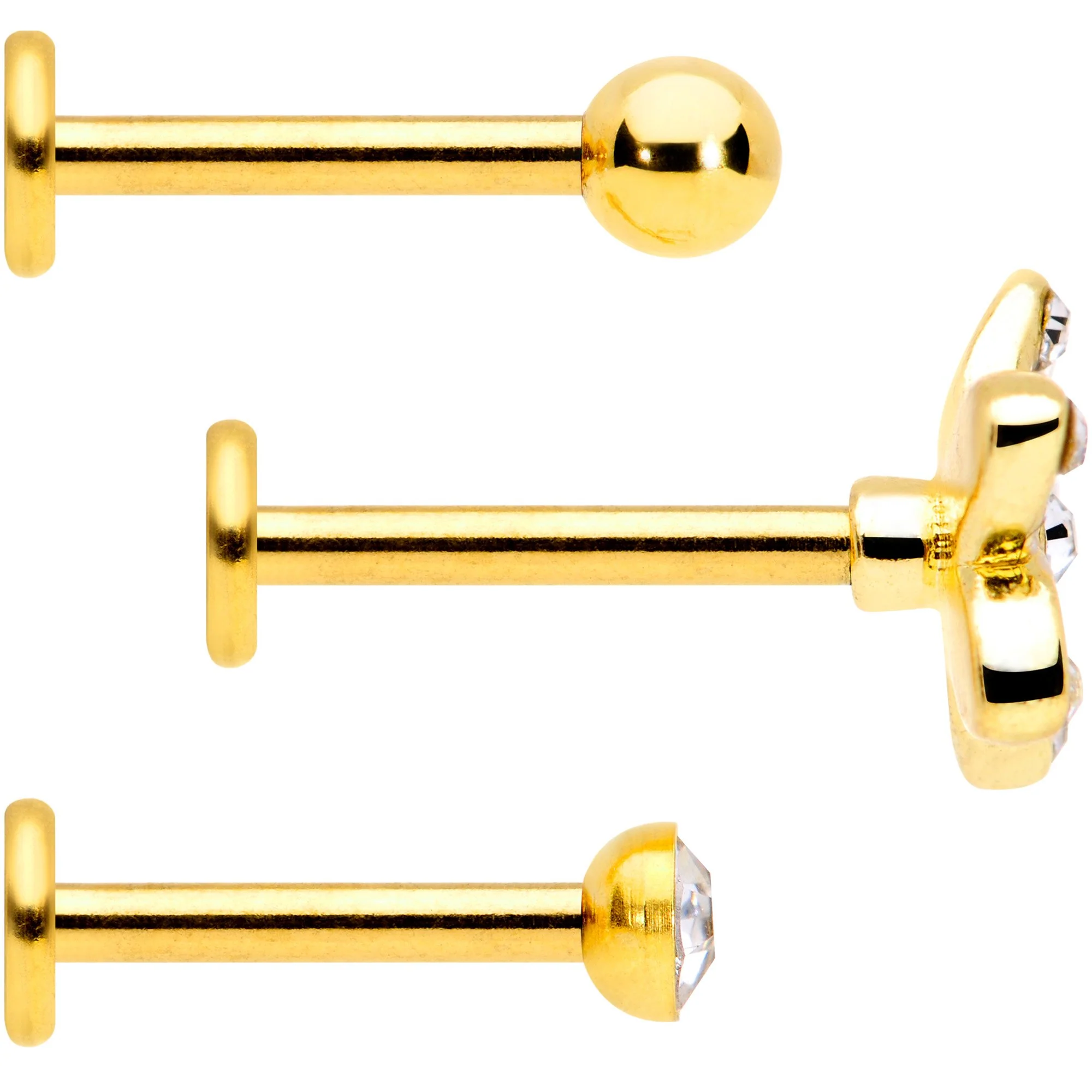 16G 5/16 Clear Gem Gold Tone White Flower Labret Set of 3 - Image 2