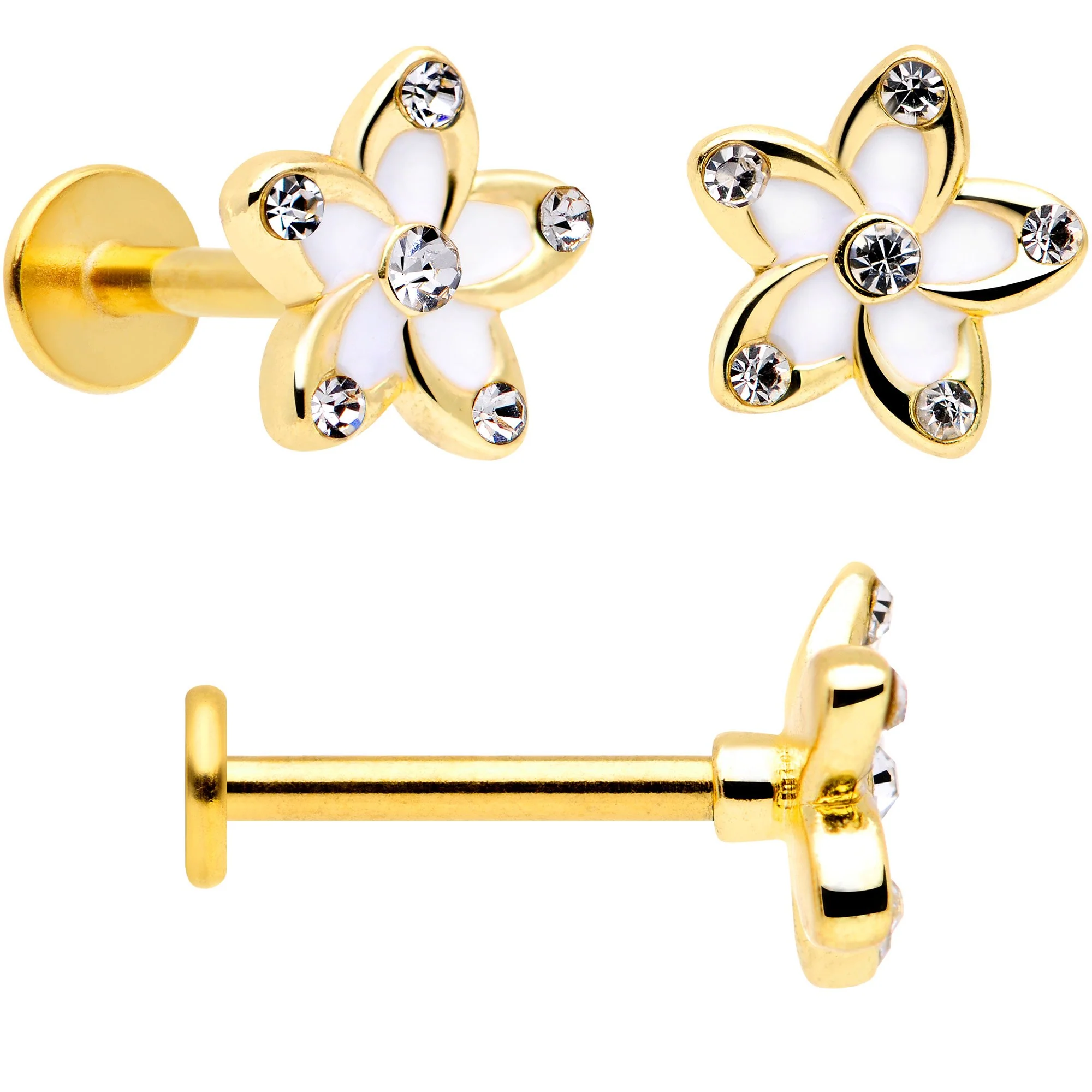 16G 5/16 Clear Gem Gold Tone White Flower Labret Set of 3 - Image 3